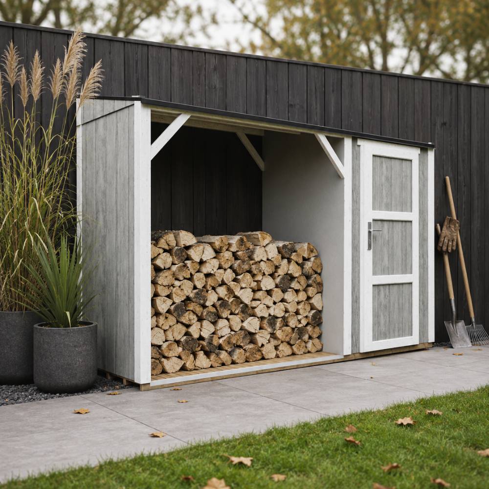 Timbela - Abri à bûches avec remise - 4,14 m² - 345x120xH220 cm - Abri pour bois de chauffage avec rangement - 10 mm d’épaisseur - M985-TUNDRA GREY - Timbela - Image 1