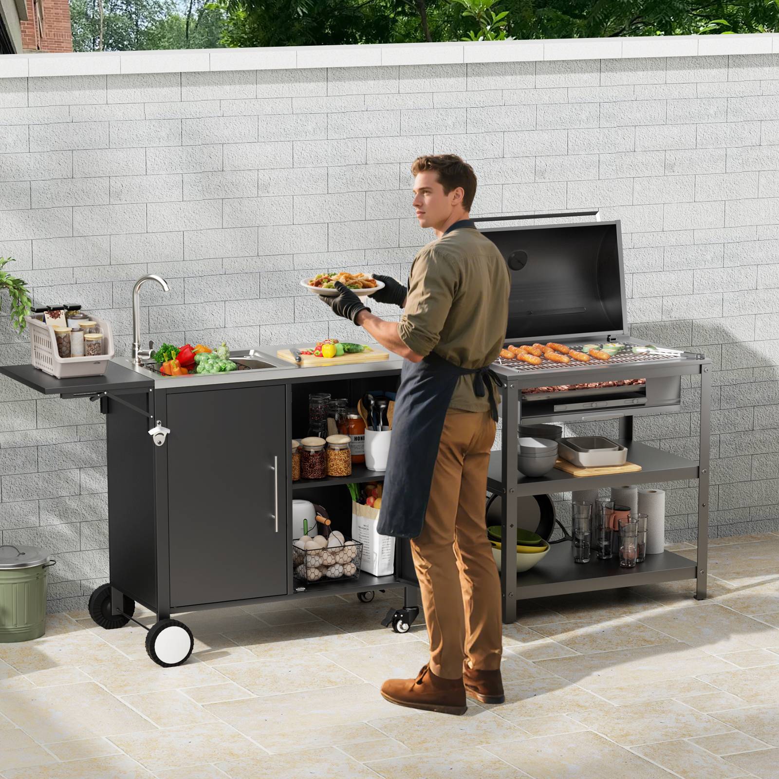 ComfortXL - Desserte barbecue métal et inox pour jardin cuisine extérieure avec évier et rangements noir - ComfortXL Outdoor Living - Image 8