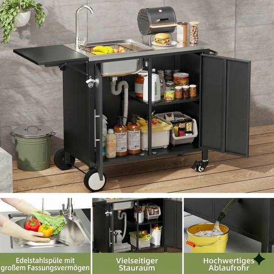ComfortXL - Desserte barbecue métal et inox pour jardin cuisine extérieure avec évier et rangements noir - ComfortXL Outdoor Living - Image 7