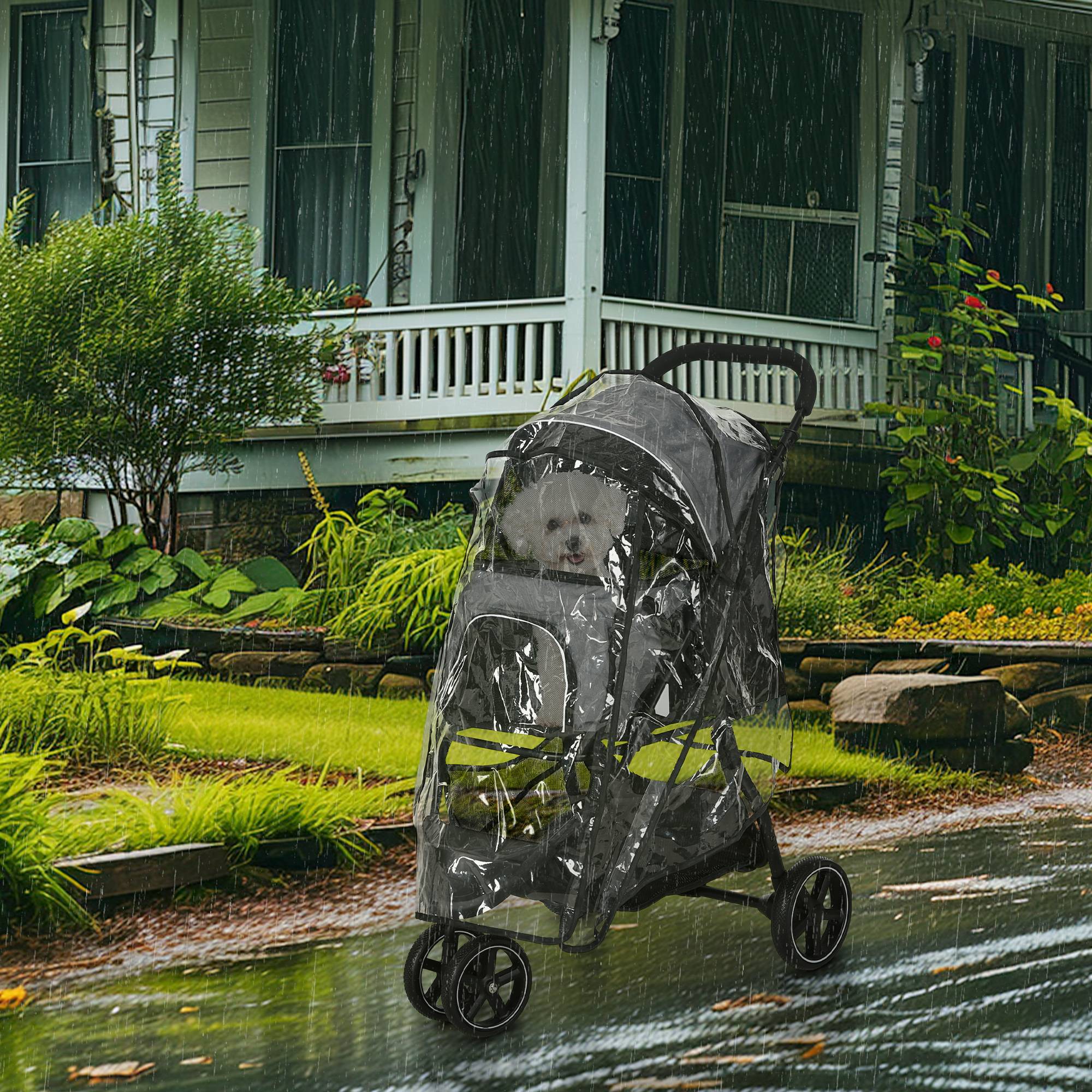Poussette pour chien pliable, avec housse de pluie et 2 laisses de sécurité, 83 cm x 55 cm x 101 cm, gris et noir - Image 4