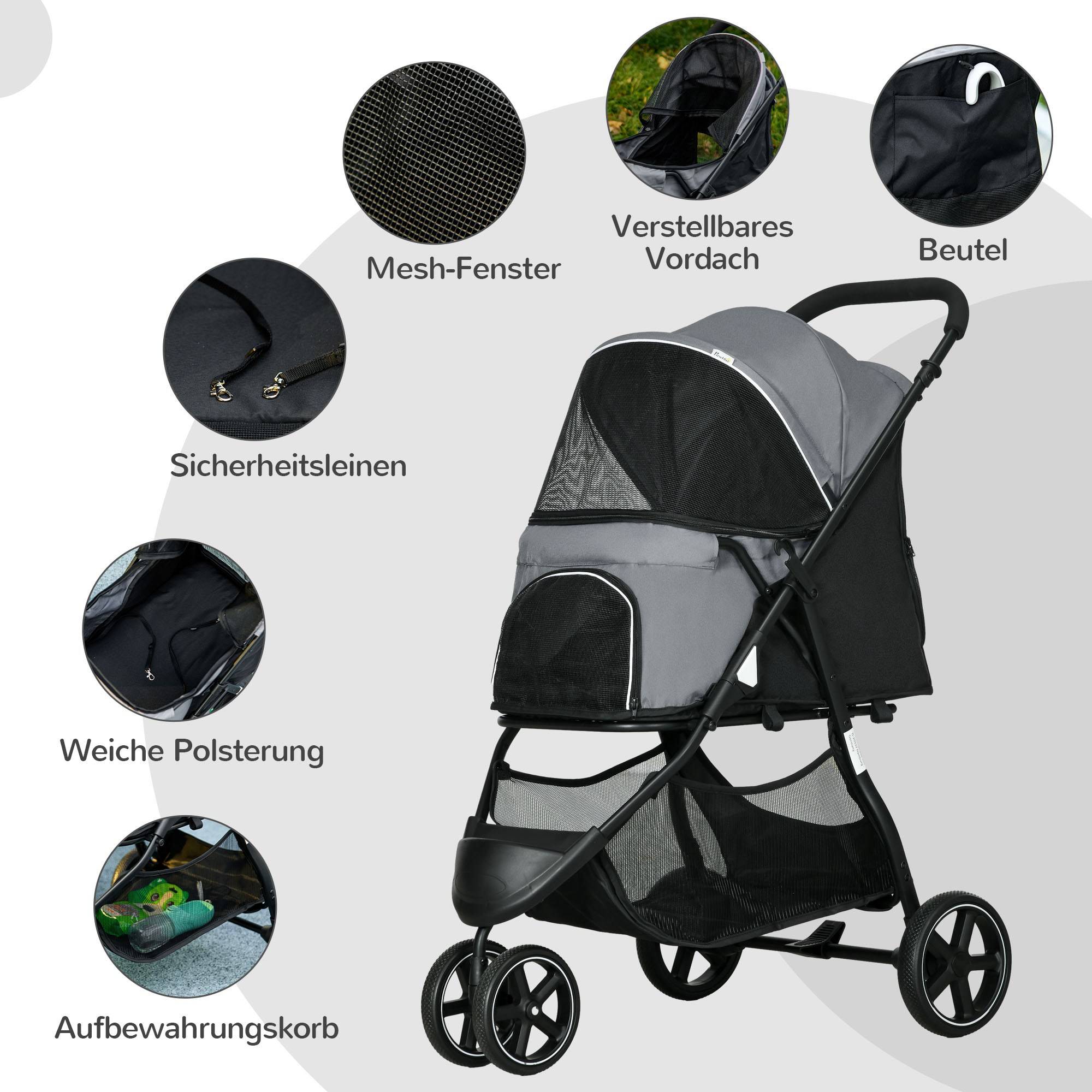 Poussette pour chien pliable, avec housse de pluie et 2 laisses de sécurité, 83 cm x 55 cm x 101 cm, gris et noir - Image 9