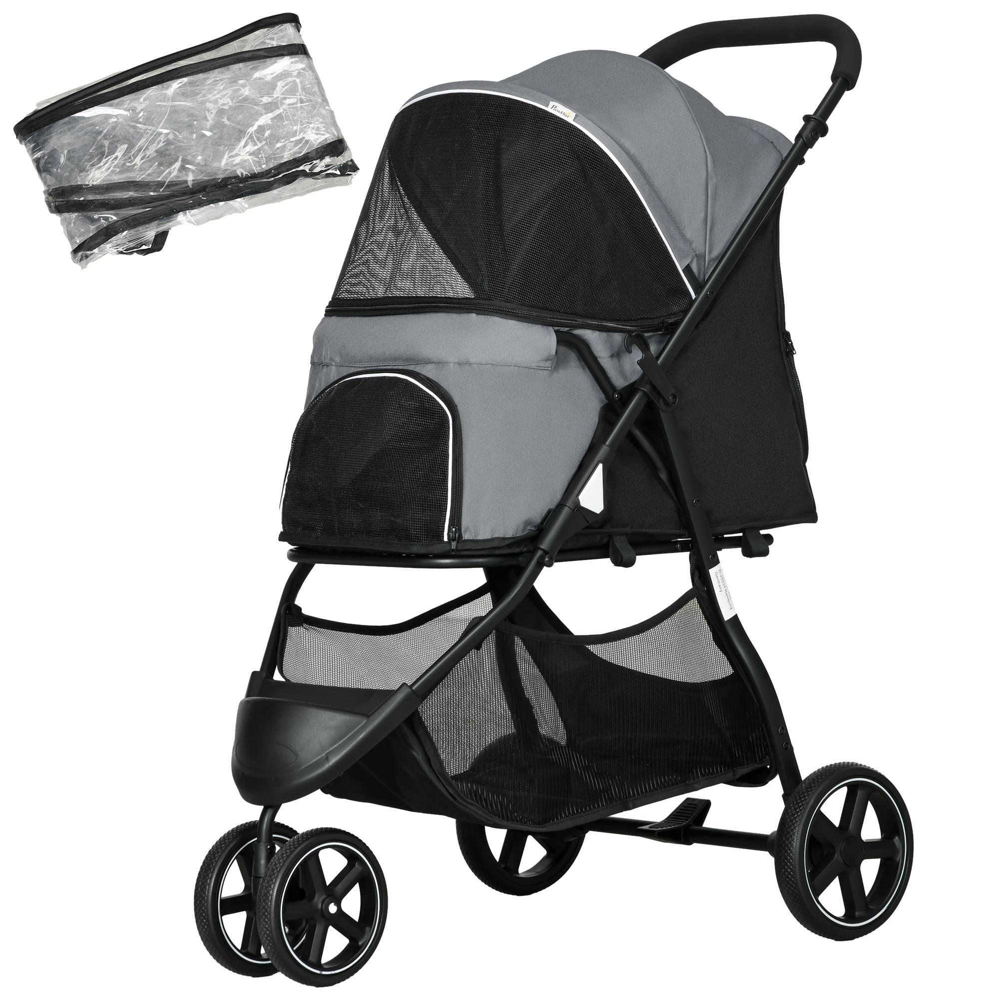 Poussette pour chien pliable, avec housse de pluie et 2 laisses de sécurité, 83 cm x 55 cm x 101 cm, gris et noir - Image 1