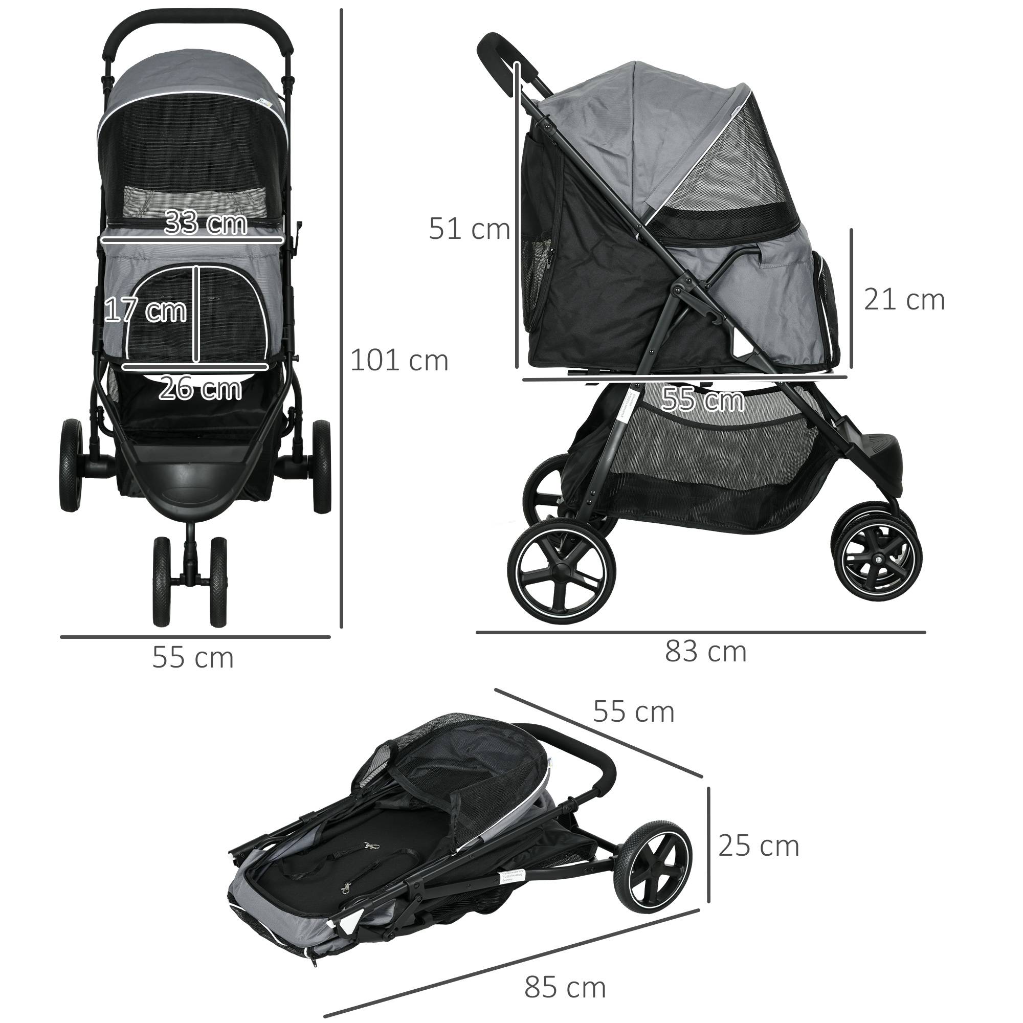 Poussette pour chien pliable, avec housse de pluie et 2 laisses de sécurité, 83 cm x 55 cm x 101 cm, gris et noir - Image 5