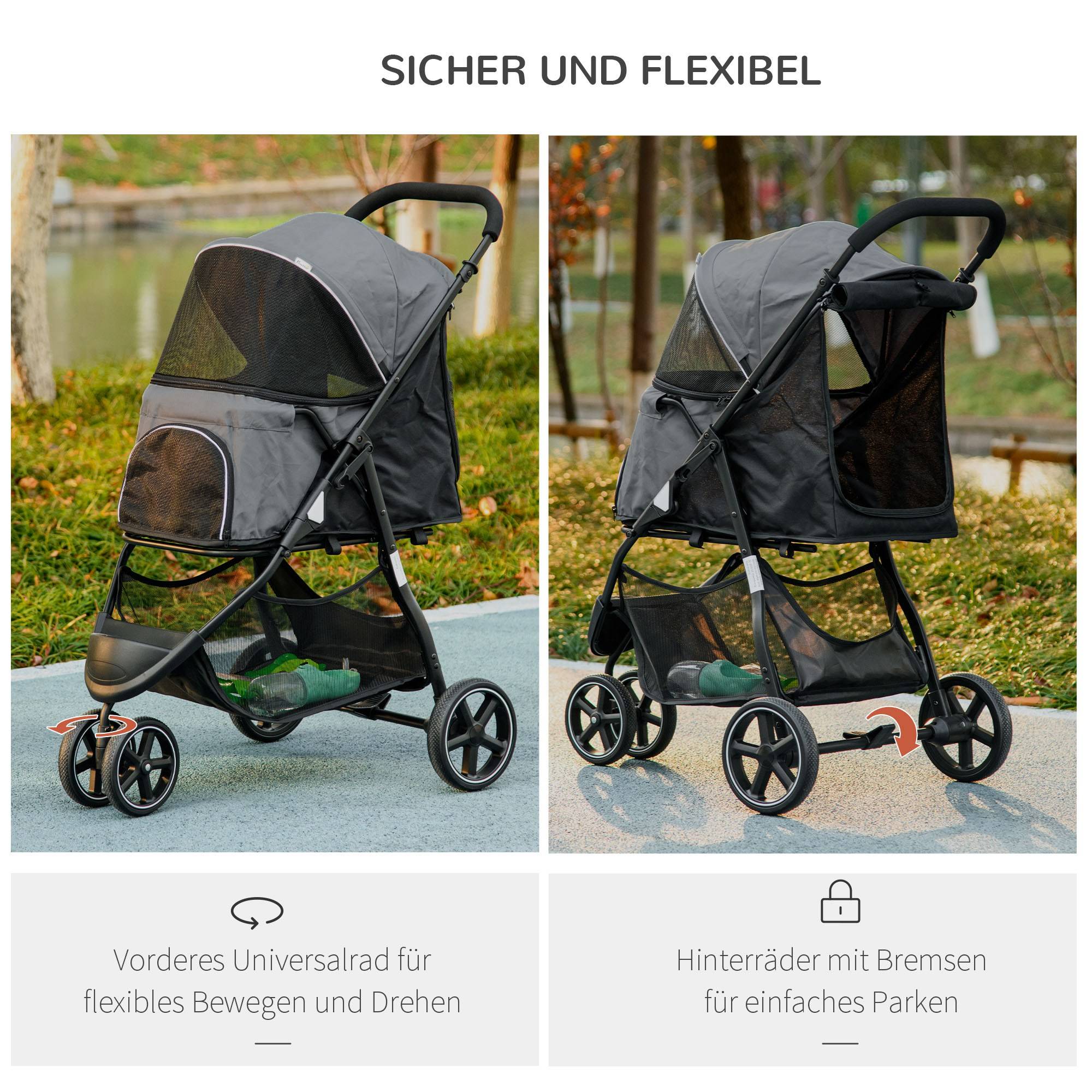 Poussette pour chien pliable, avec housse de pluie et 2 laisses de sécurité, 83 cm x 55 cm x 101 cm, gris et noir - Image 8