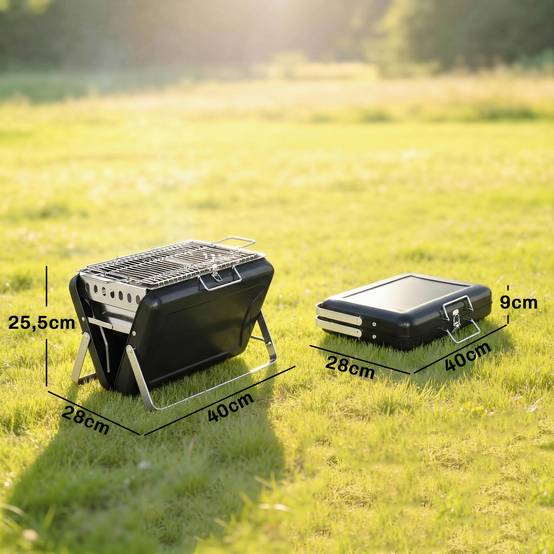 Barbecue charbon inox fumoir, grille, poignée, pieds pliables, camping,40x28x25,5cm, noir - Image 5