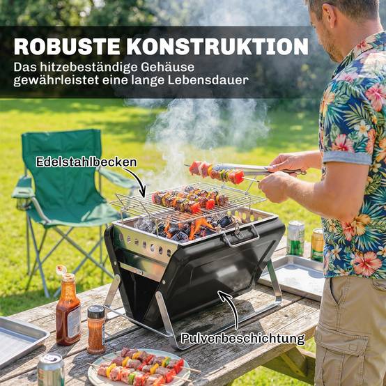 Barbecue charbon inox fumoir, grille, poignée, pieds pliables, camping,40x28x25,5cm, noir - Image 9