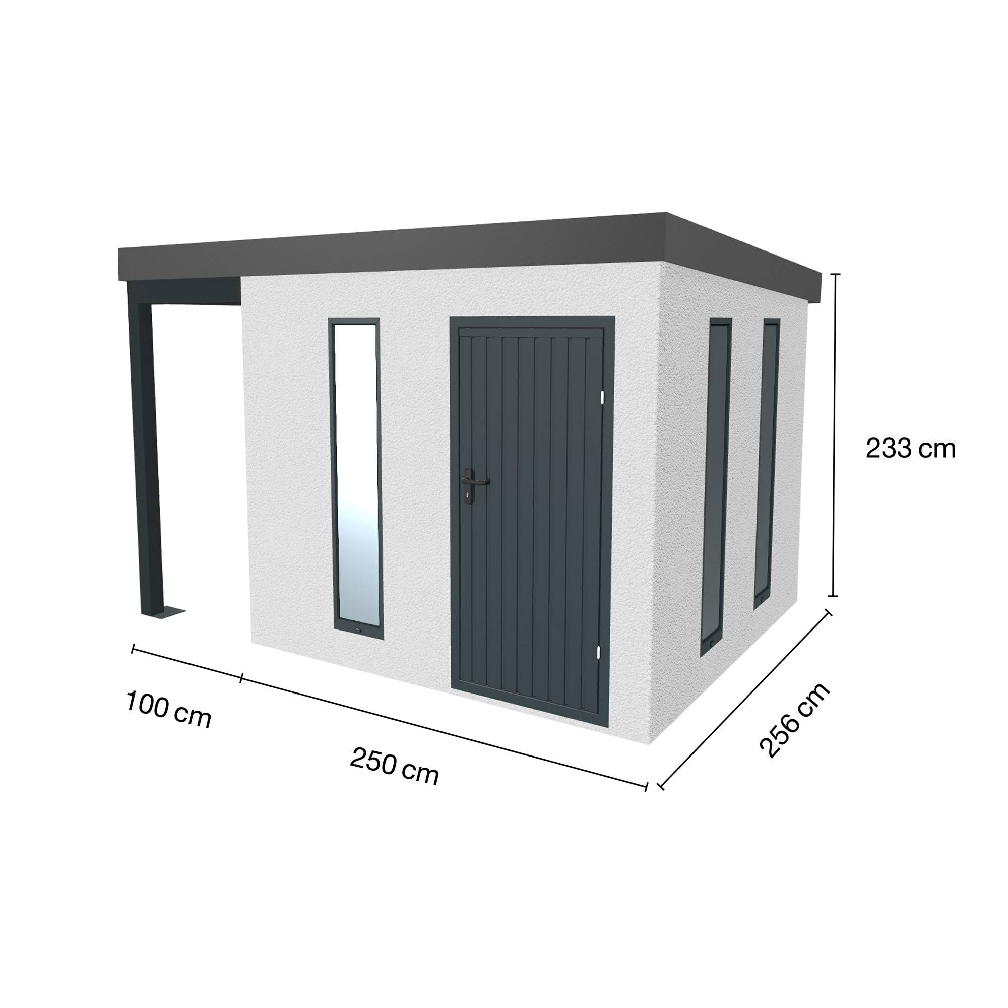 Abri de jardin en métal finition crépi 2500 x 2560 mm blanc avec auvent à gauche 1000 x 2560 mm anthracite