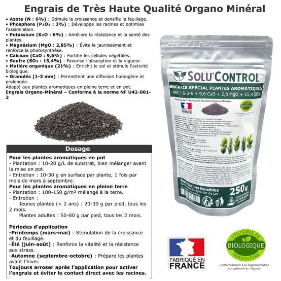 SOLU’CONTROL - 250 g - Engrais Spécial Plantes Aromatiques NPK 6-3-6 Favorise un feuillage dense, intensément parfumé et vigoureux - UAB - Image 2