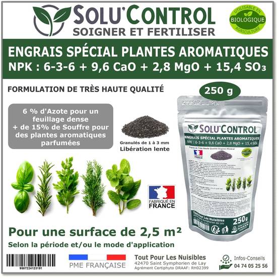 SOLU’CONTROL - 250 g - Engrais Spécial Plantes Aromatiques NPK 6-3-6 Favorise un feuillage dense, intensément parfumé et vigoureux - UAB - Image 1