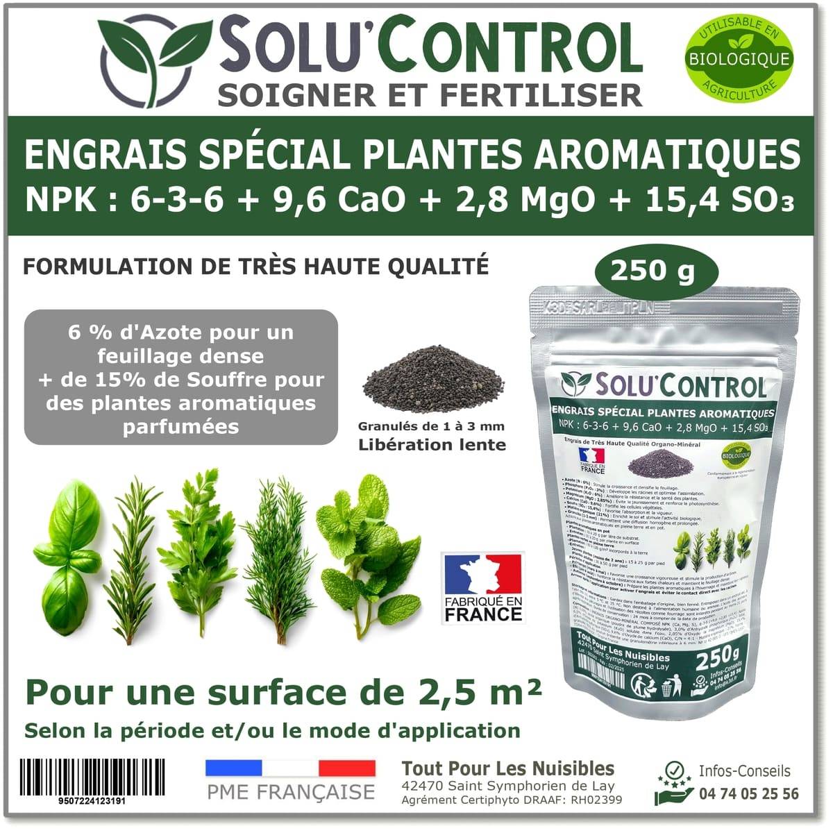 SOLU’CONTROL - 250 g - Engrais Spécial Plantes Aromatiques NPK 6-3-6 Favorise un feuillage dense, intensément parfumé et vigoureux - UAB - Image 1