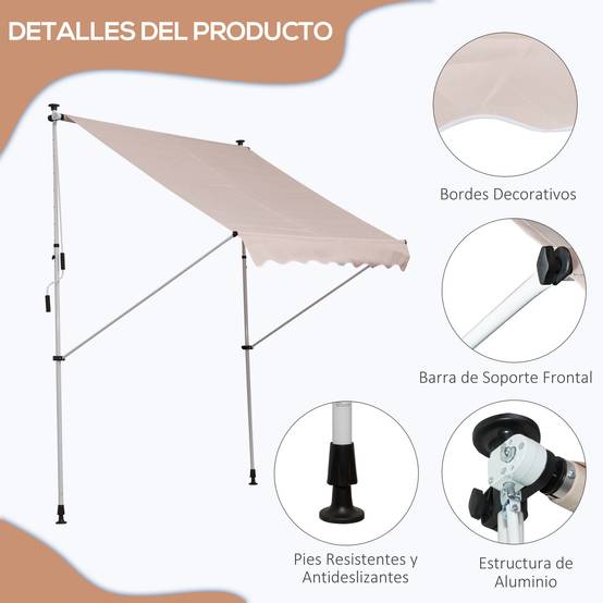 Store banne rétractable manuelle 200 x 150 x 170-280 cm pour balcon et terrasse, hauteur réglable par manivelle, beige - Image 8