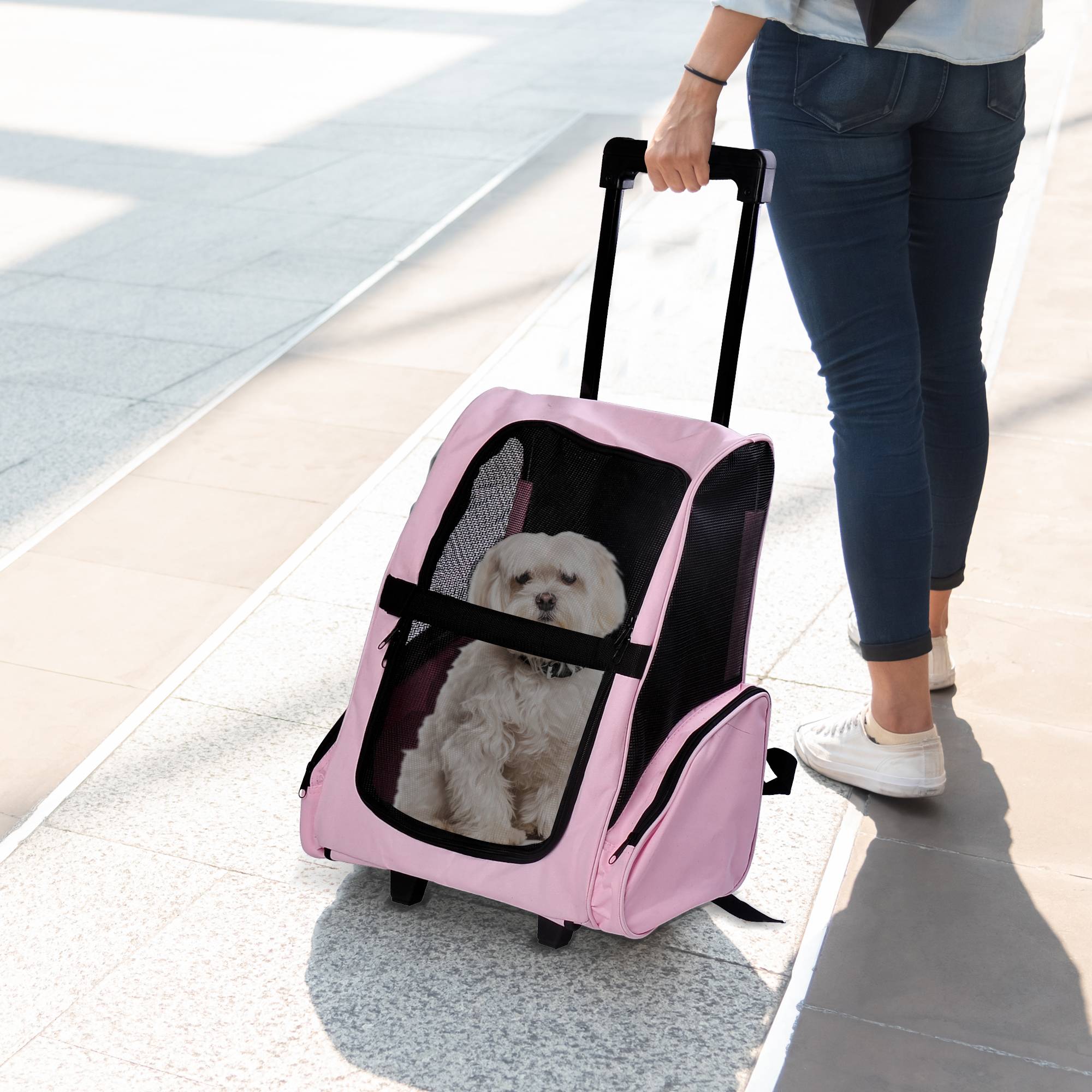 Sac à dos de transport trolley pour chien chat en métal Oxford aéré rose 55cm - ComfortXL Outdoor Living - Image 3