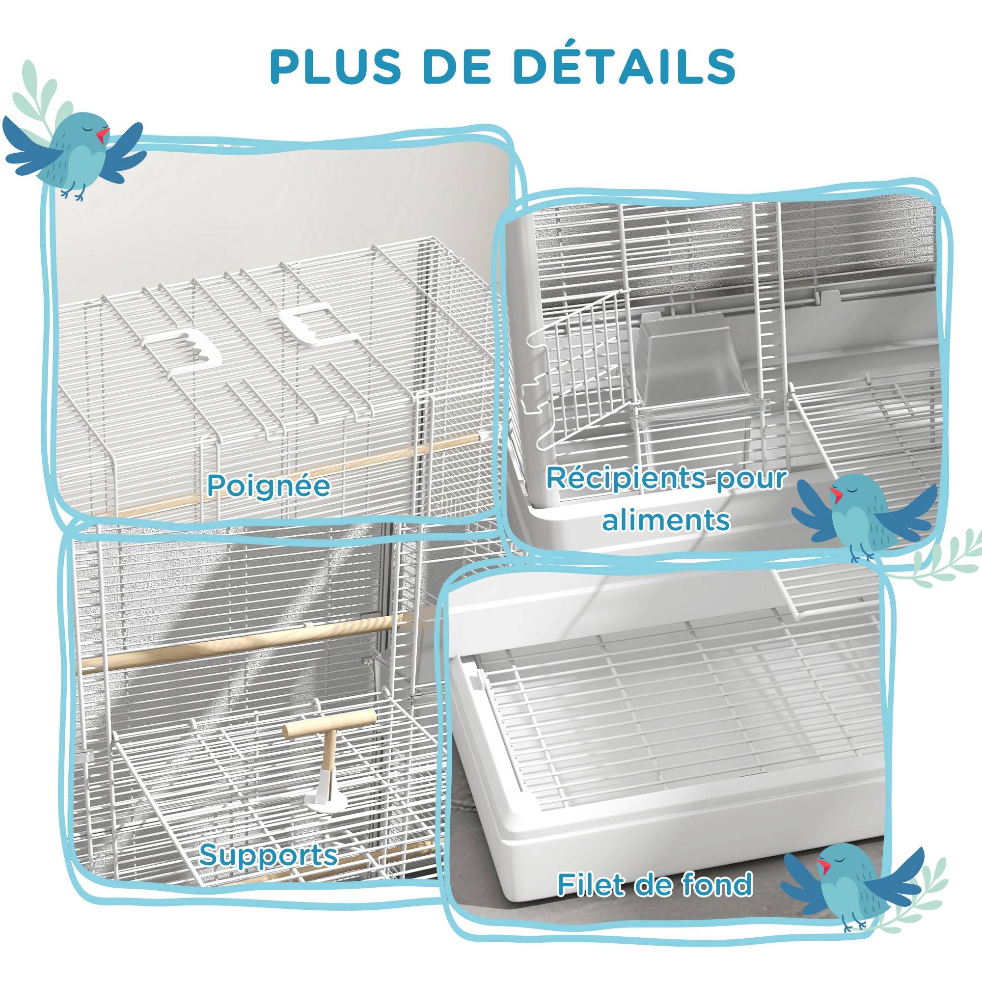 Cage à oiseaux volière avec portes perchoirs cage pour canaris perruches perroquets 61 x 36,5 x 98 cm blanc - Image 9