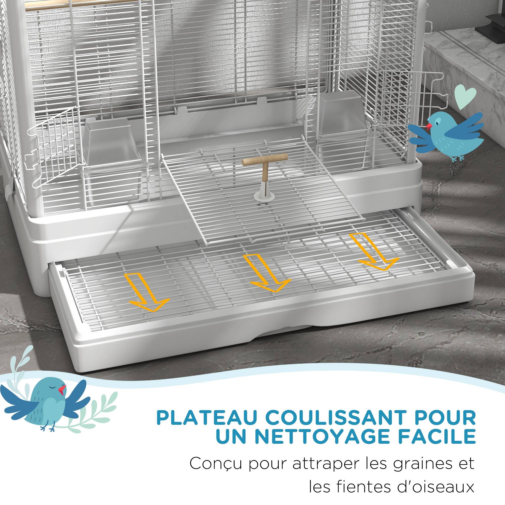 Cage à oiseaux volière avec portes perchoirs cage pour canaris perruches perroquets 61 x 36,5 x 98 cm blanc - Image 6