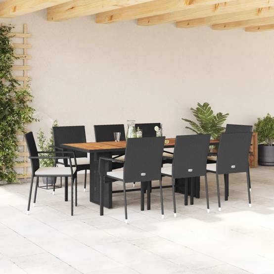 Ensemble Table et Chaises de Jardin 8 Personnes Résine Tressée Noire, Plateau Table en Bois d'Acacia 190cm – ComfortXL Outdoor Living - Image 1
