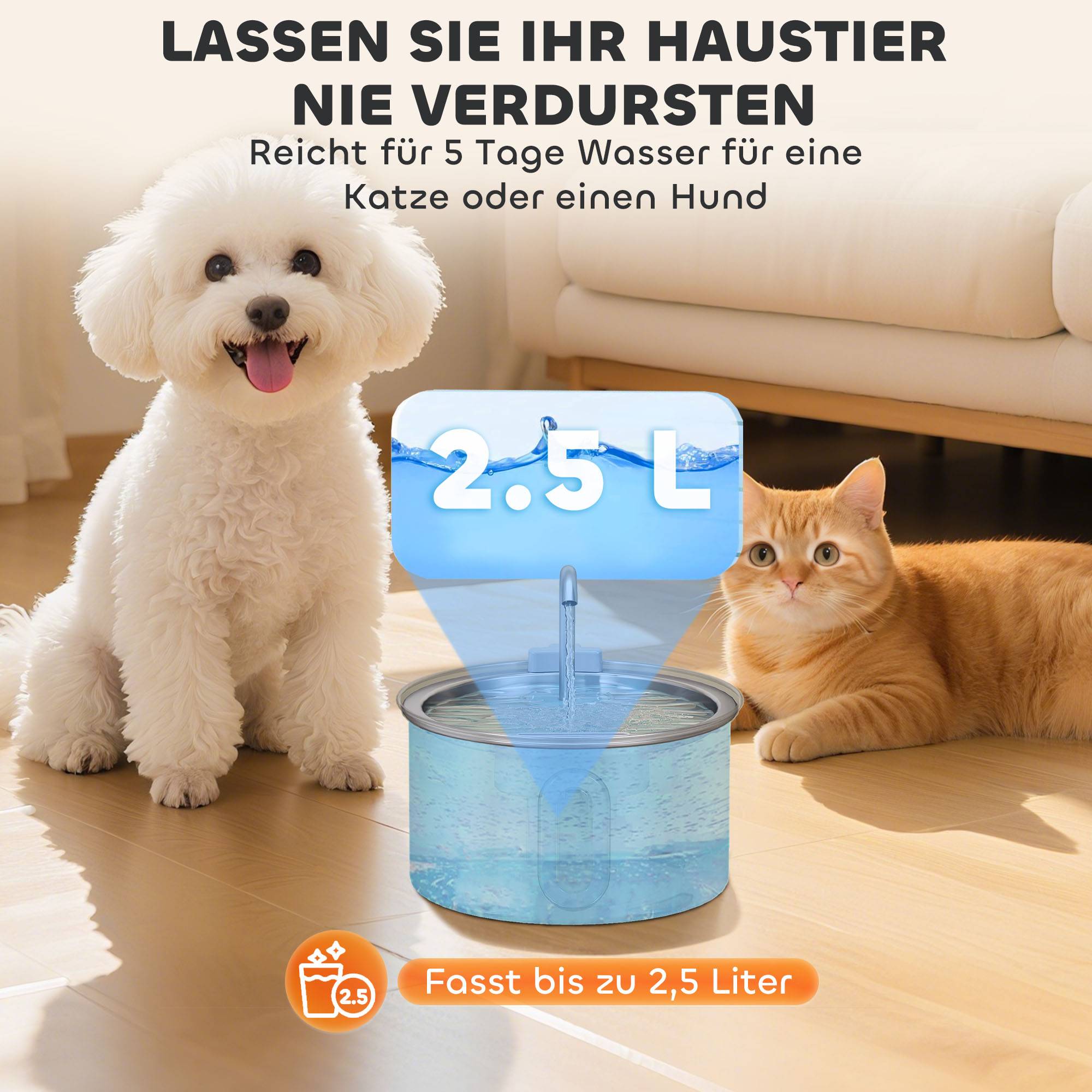 Fontaine à eau pour chats 2,5 L avec pompe silencieuse, LED, filtre à charbon actif, 19,4 x 19,4 x 18,7 cm - Image 8