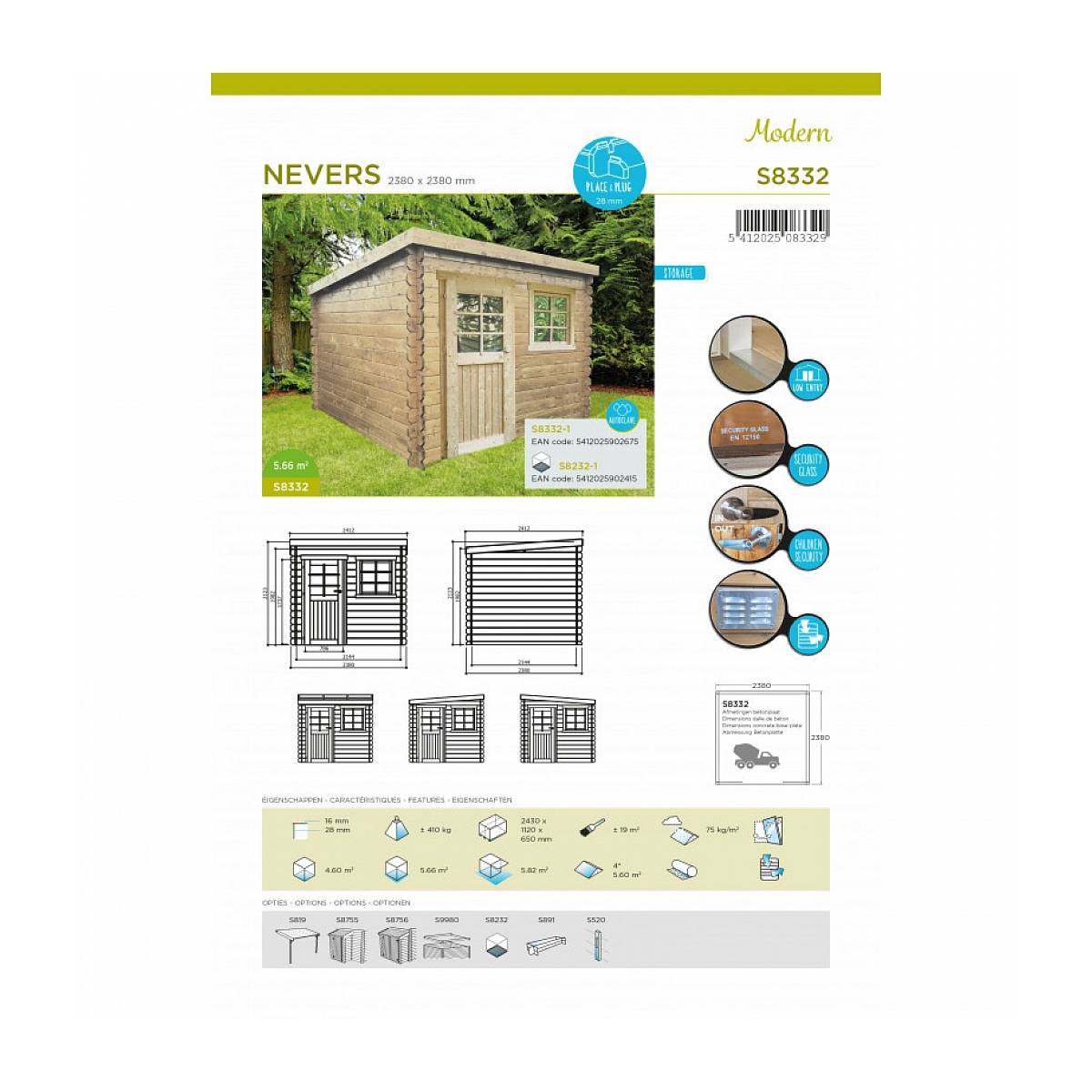Abri de Jardin SOLID NEVERS 2380x2380 en Épicéa - Modèle Moderne - Image 2