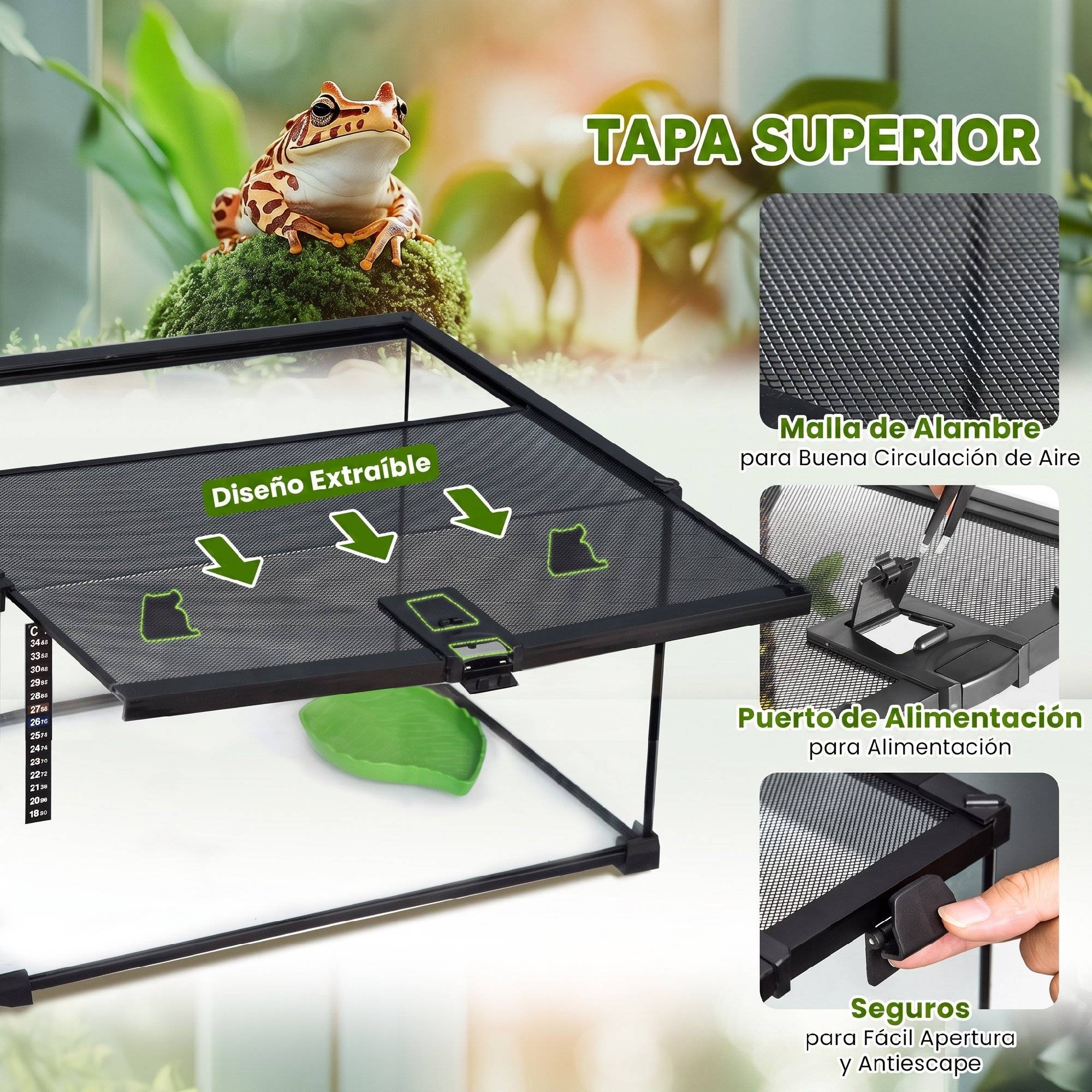 Terrarium reptile en verre 50×30×25cm noir, thermomètre + bac à eau, vitres trempées, couvercle rabattable, pour lézards, serpents, araignées - Image 7
