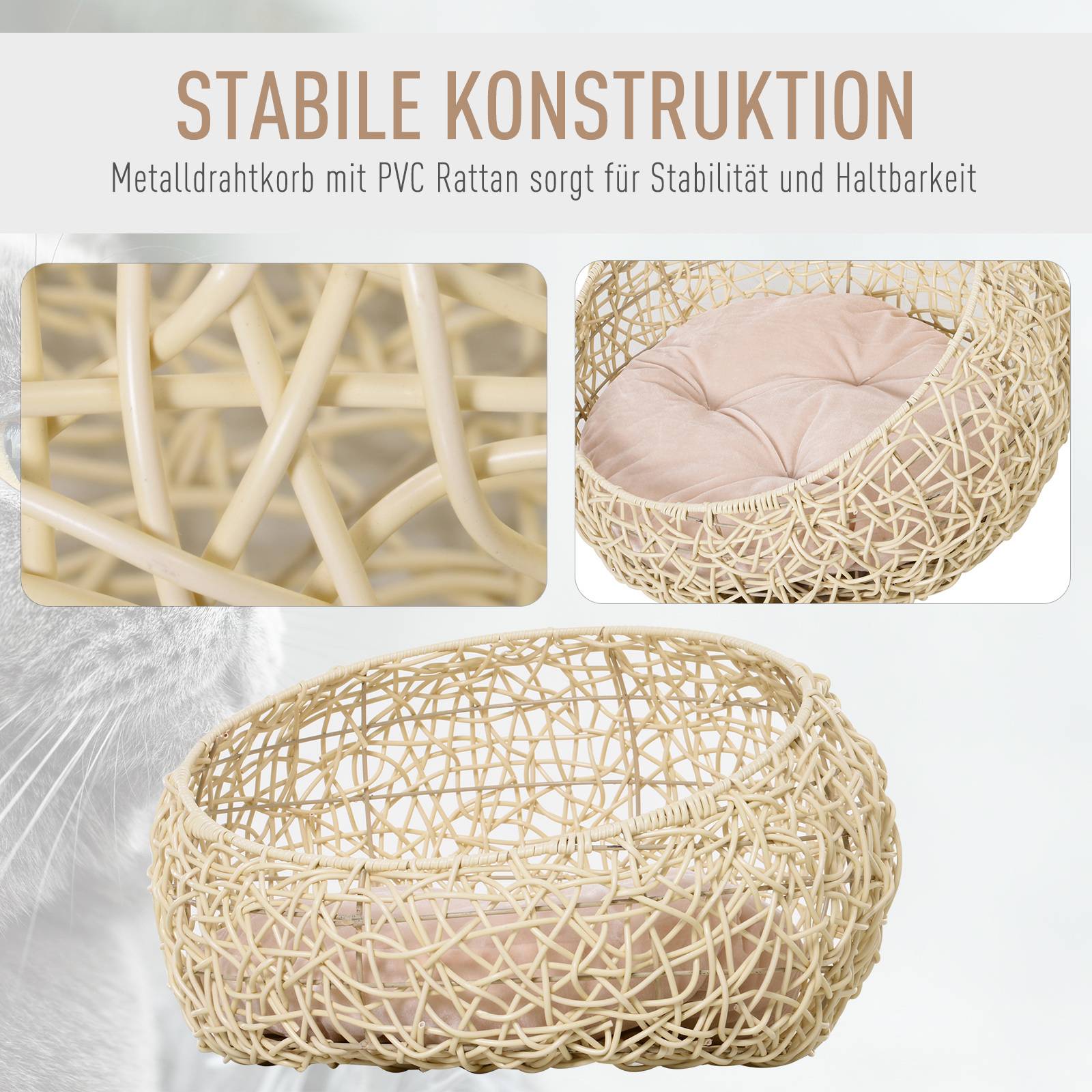 Grotte pour chat en rotin, lit pour chat, maison pour chat avec coussin, tente pour chat, niche pour chats et chiens, beige, Ø56 x 35 cm - Image 6