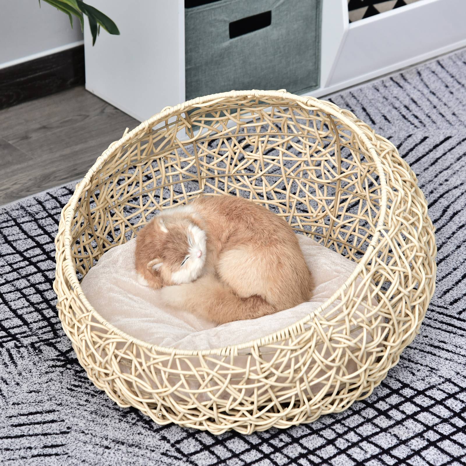 Grotte pour chat en rotin, lit pour chat, maison pour chat avec coussin, tente pour chat, niche pour chats et chiens, beige, Ø56 x 35 cm - Image 3