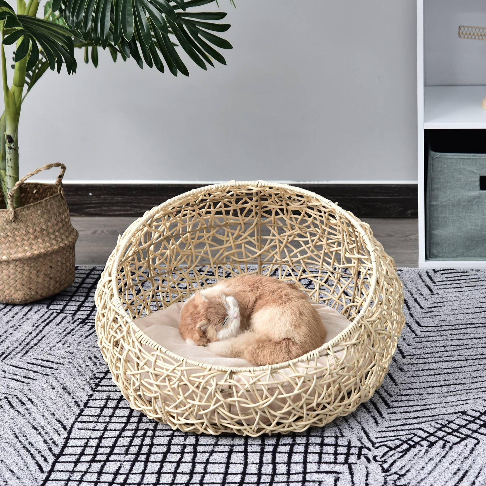 Grotte pour chat en rotin, lit pour chat, maison pour chat avec coussin, tente pour chat, niche pour chats et chiens, beige, Ø56 x 35 cm - Image 2