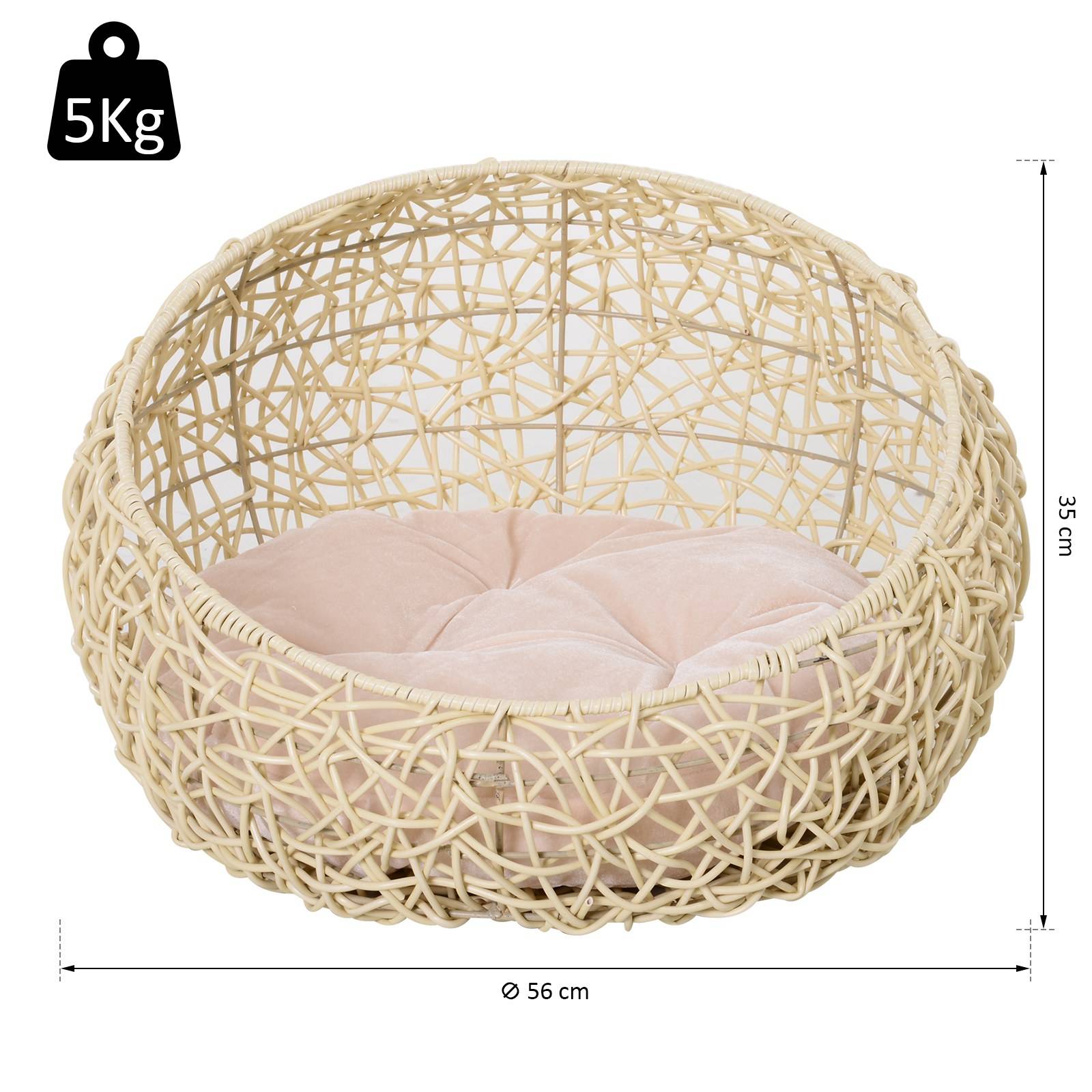 Grotte pour chat en rotin, lit pour chat, maison pour chat avec coussin, tente pour chat, niche pour chats et chiens, beige, Ø56 x 35 cm - Image 4