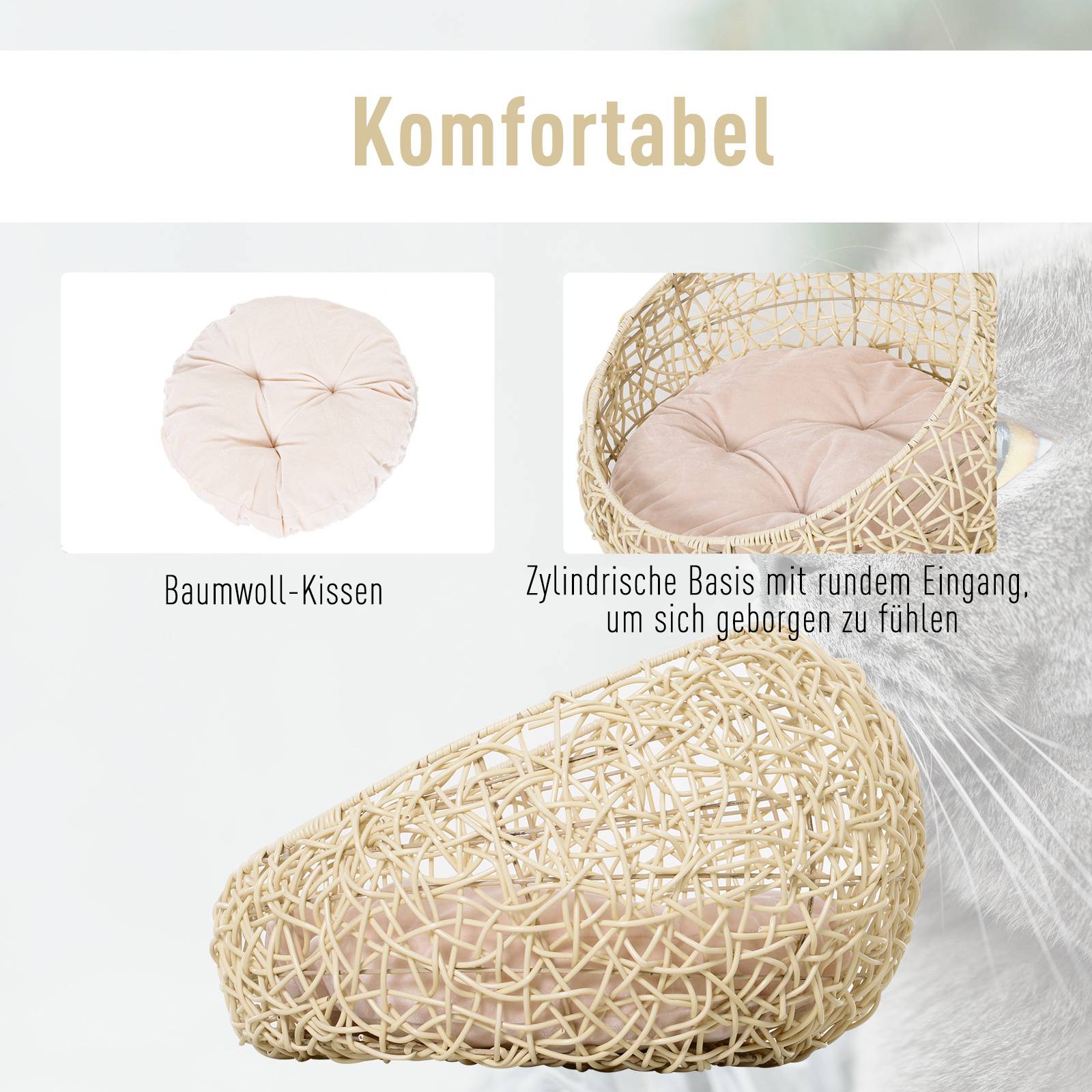 Grotte pour chat en rotin, lit pour chat, maison pour chat avec coussin, tente pour chat, niche pour chats et chiens, beige, Ø56 x 35 cm - Image 5
