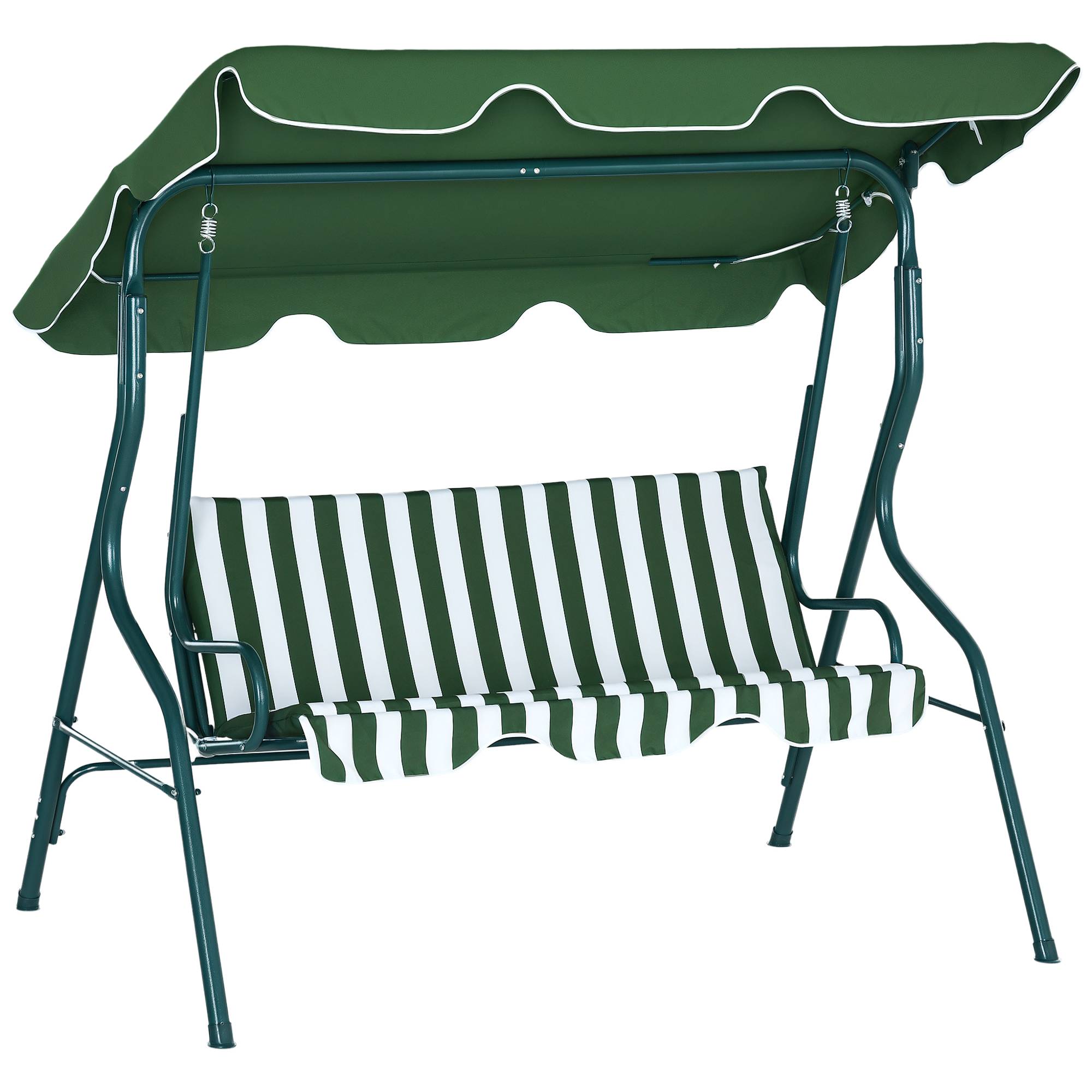 Balancelle jardin 3 places avec auvent réglable coussins acier polyester vert blanc 170x110x153 cm - Image 1