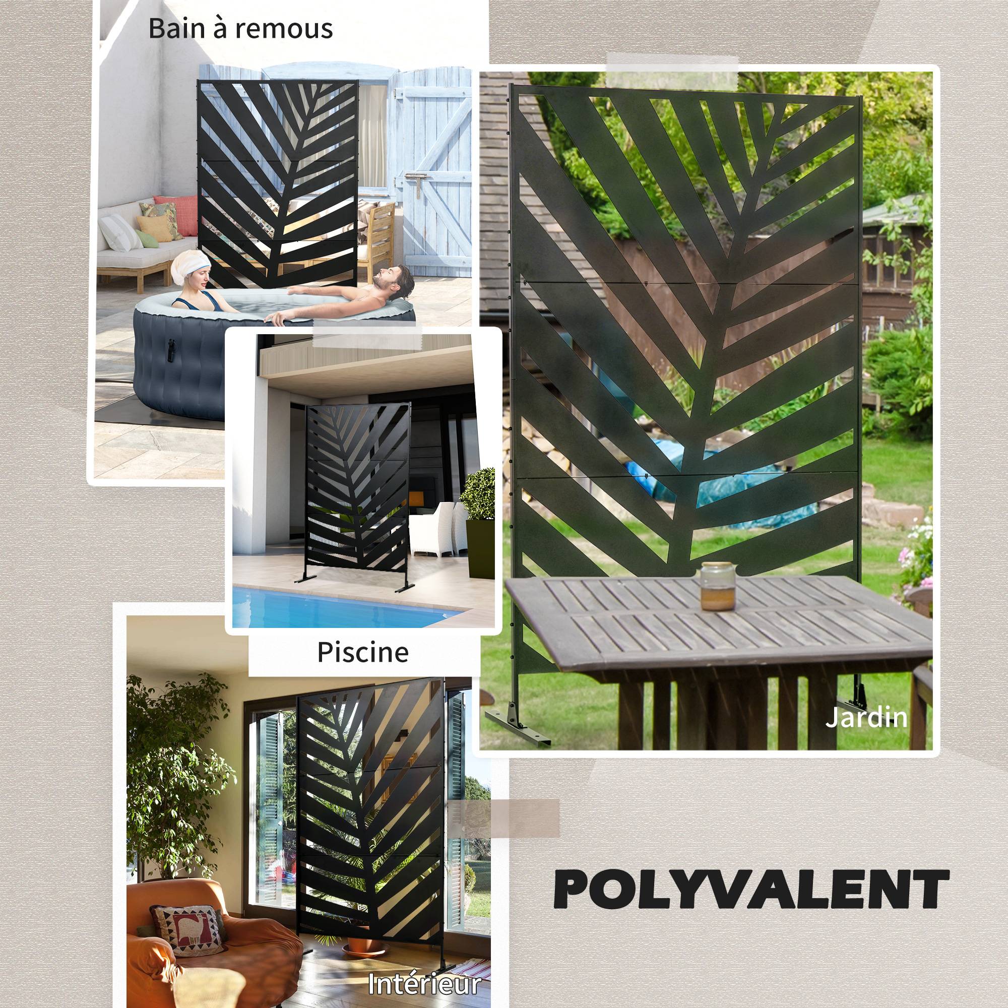 Paravent séparateur de jardin balcon décoratif extérieur à motif végétal en acier 122 x 45 x 198 cm noir - Image 8