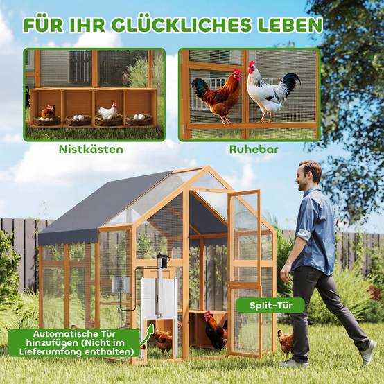 Poulailler 3,07㎡ en bois avec enclos, bâche étanche et serrure pour 6-8 poules 1,7 x 1,8 x 1,8 m - Image 10