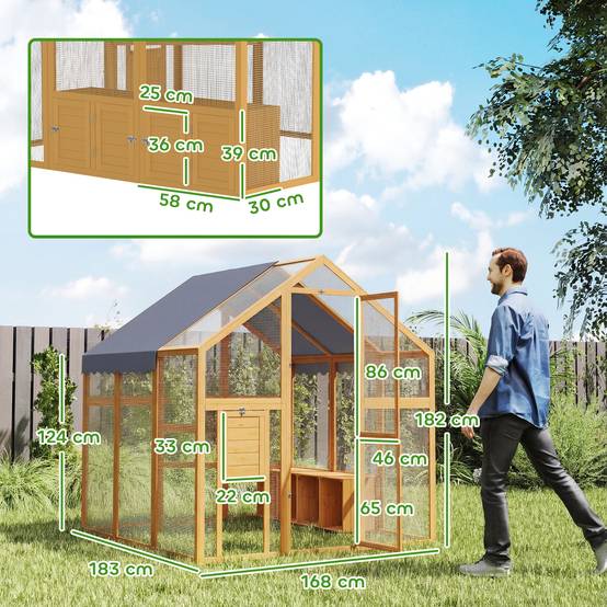 Poulailler 3,07㎡ en bois avec enclos, bâche étanche et serrure pour 6-8 poules 1,7 x 1,8 x 1,8 m - Image 5