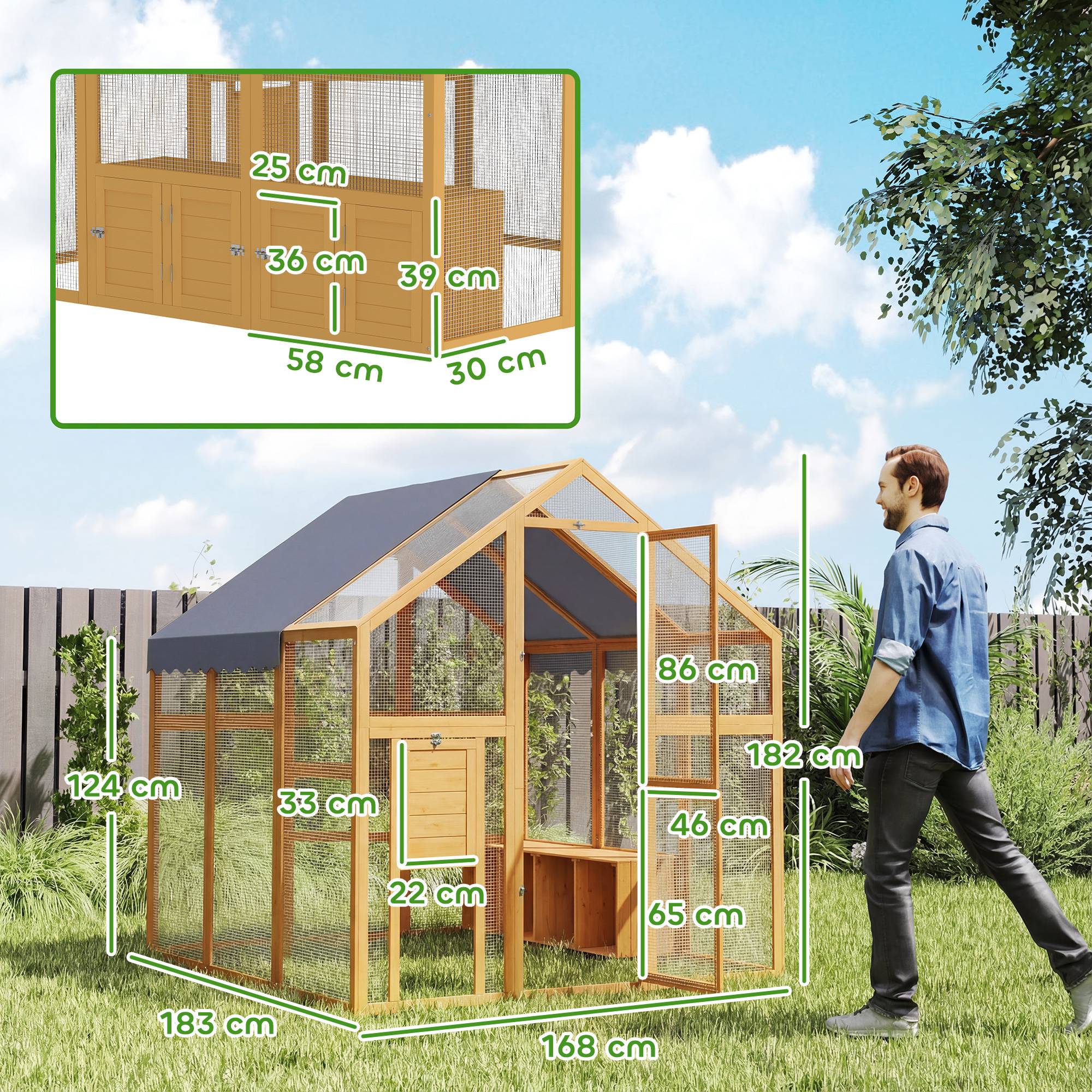 Poulailler 3,07㎡ en bois avec enclos, bâche étanche et serrure pour 6-8 poules 1,7 x 1,8 x 1,8 m - Image 5