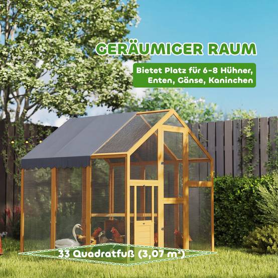 Poulailler 3,07㎡ en bois avec enclos, bâche étanche et serrure pour 6-8 poules 1,7 x 1,8 x 1,8 m - Image 7