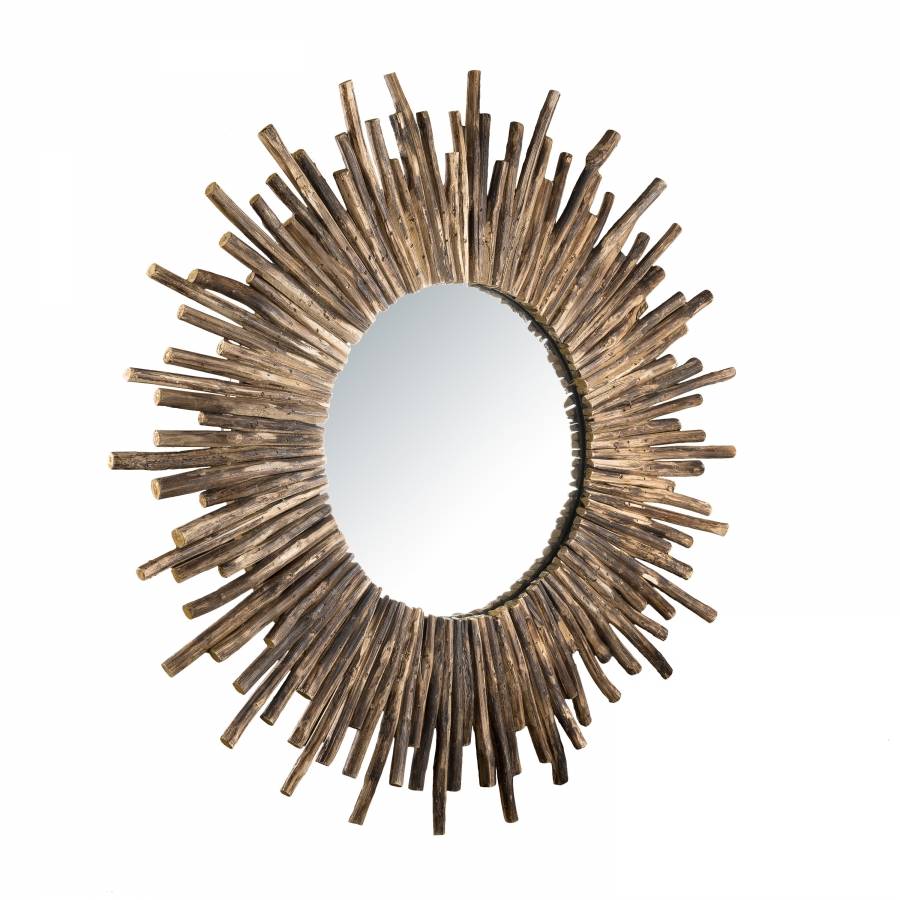 Macabane - LALY - Miroir rond marron 90x90cm soleil branches bois teck - Image 1