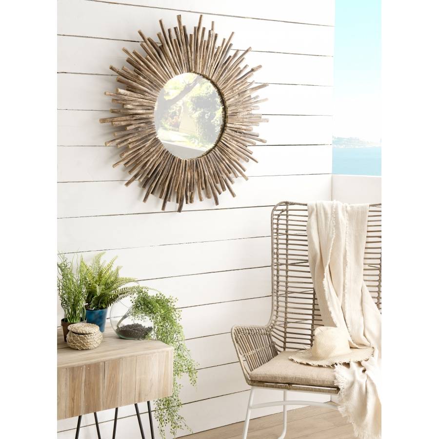 Macabane - LALY - Miroir rond marron 90x90cm soleil branches bois teck - Image 2