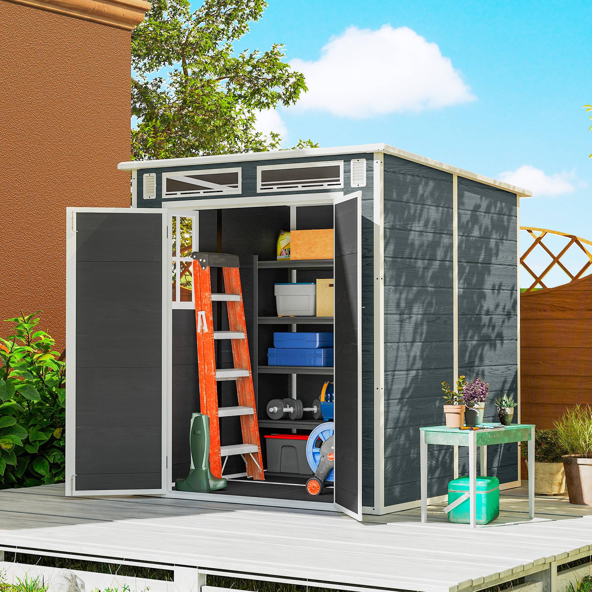 ComfortXL - Abri de jardin plastique 182 x 182 cm effet bois avec double porte rangement sécurisé - ComfortXL Outdoor Living - Image 4