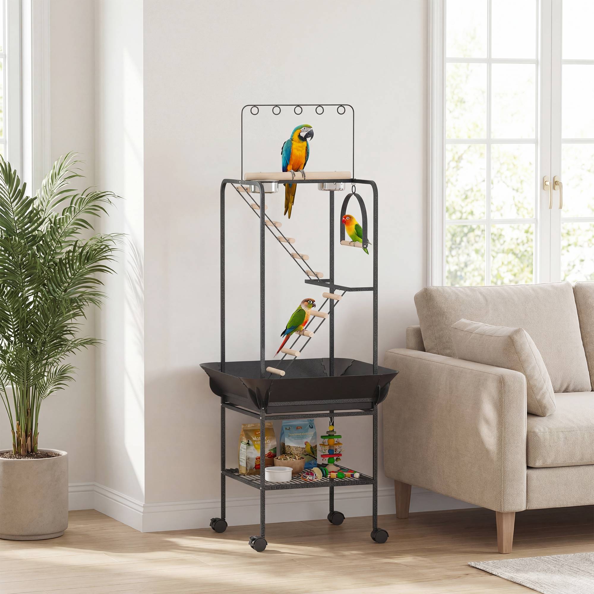 ComfortXL - Perchoir aire de jeux oiseaux acier 63 x 63 x 163 cm perroquets mobile sur roulettes - ComfortXL Outdoor Living - Image 4