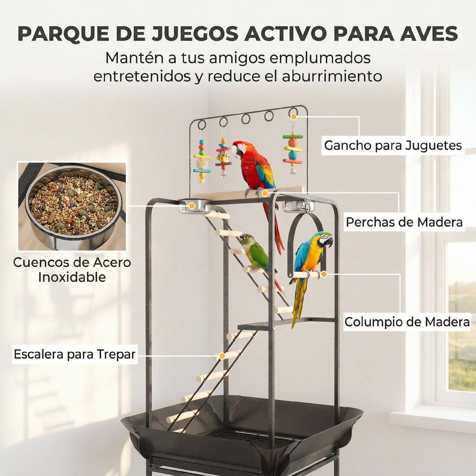 ComfortXL - Perchoir aire de jeux oiseaux acier 63 x 63 x 163 cm perroquets mobile sur roulettes - ComfortXL Outdoor Living - Image 6