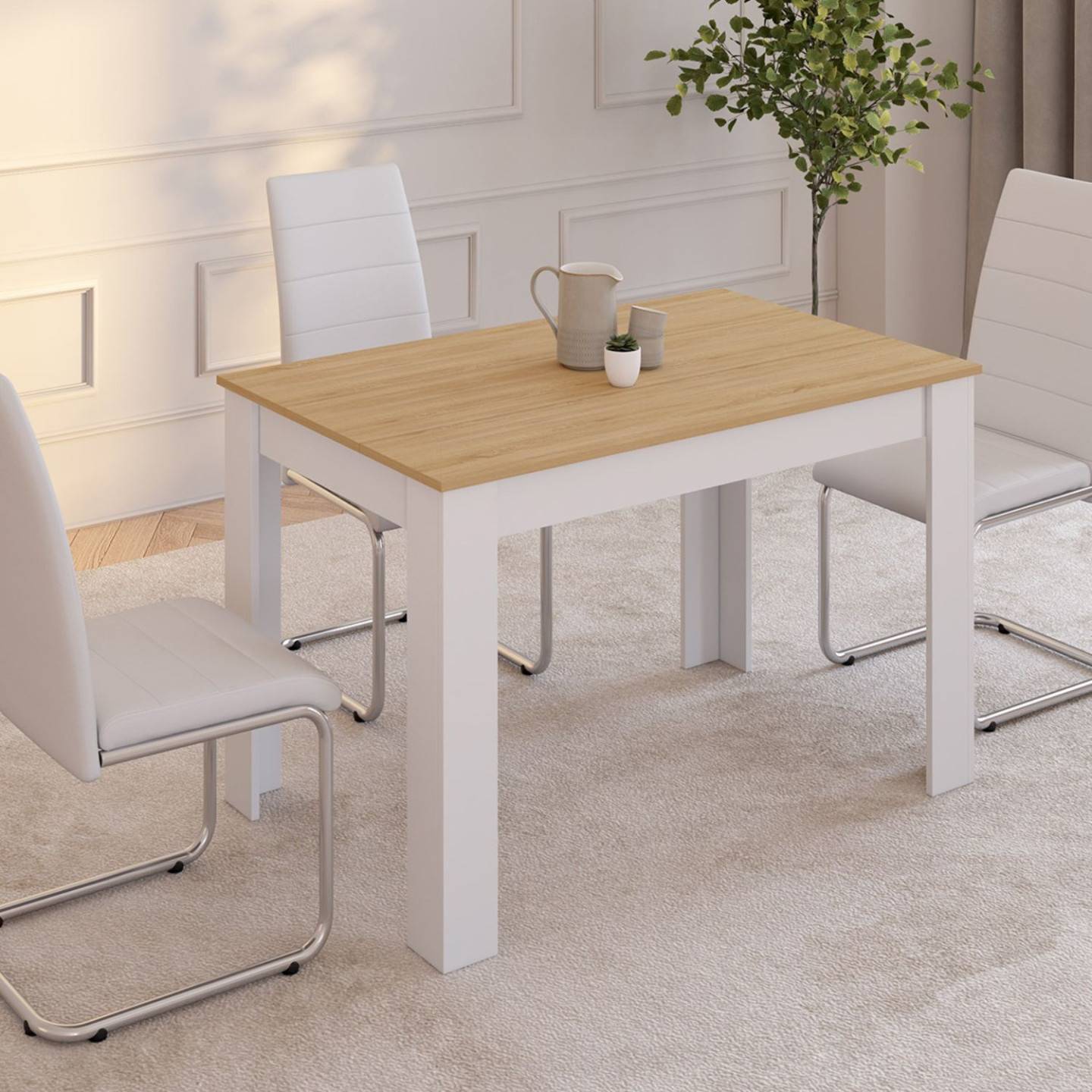 Table à manger rectangle ROZY 4 personnes blanc plateau façon hêtre 110 cm - Image 1
