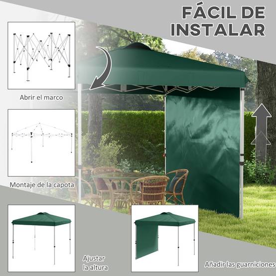 Tente de jardin pliante 2,5 x 2,5 m avec hauteur réglable, protection UV, 1 paroi latérale et sacs de sable (verte) - Image 6