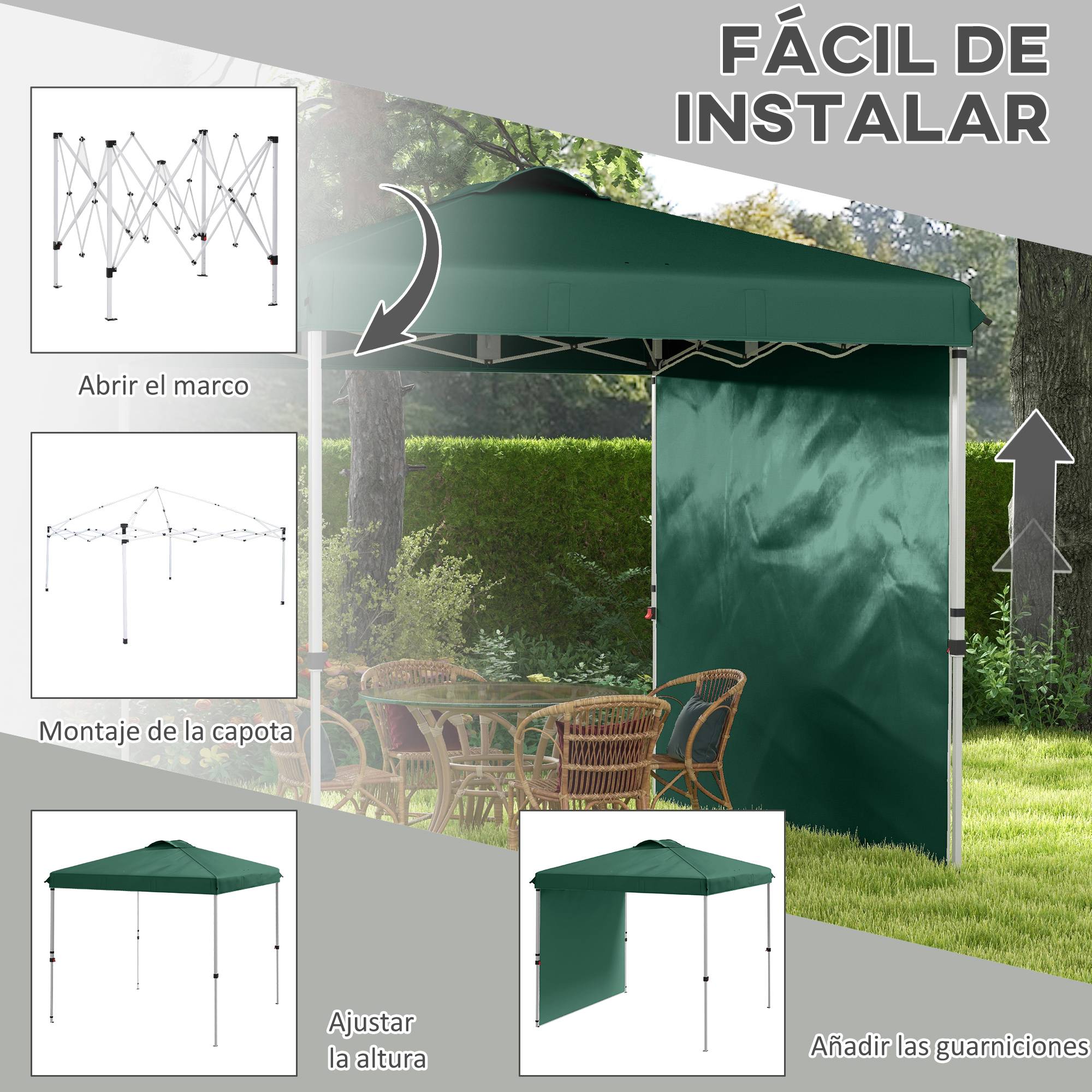 Tente de jardin pliante 2,5 x 2,5 m avec hauteur réglable, protection UV, 1 paroi latérale et sacs de sable (verte) - Image 6