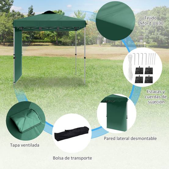 Tente de jardin pliante 2,5 x 2,5 m avec hauteur réglable, protection UV, 1 paroi latérale et sacs de sable (verte) - Image 8