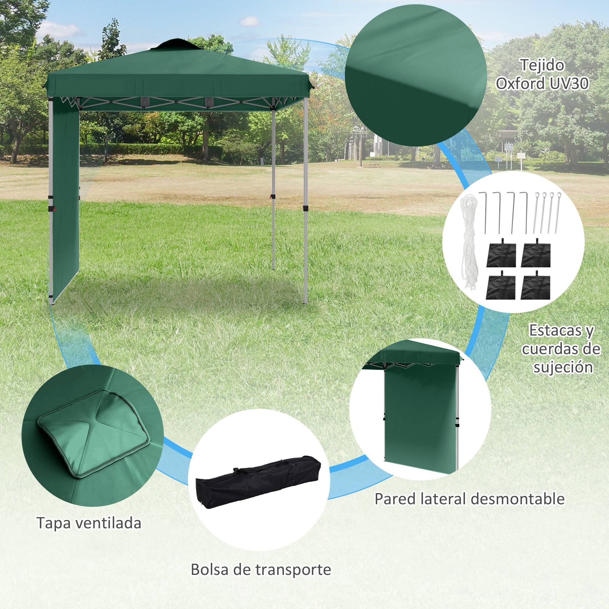 Tente de jardin pliante 2,5 x 2,5 m avec hauteur réglable, protection UV, 1 paroi latérale et sacs de sable (verte) - Image 8