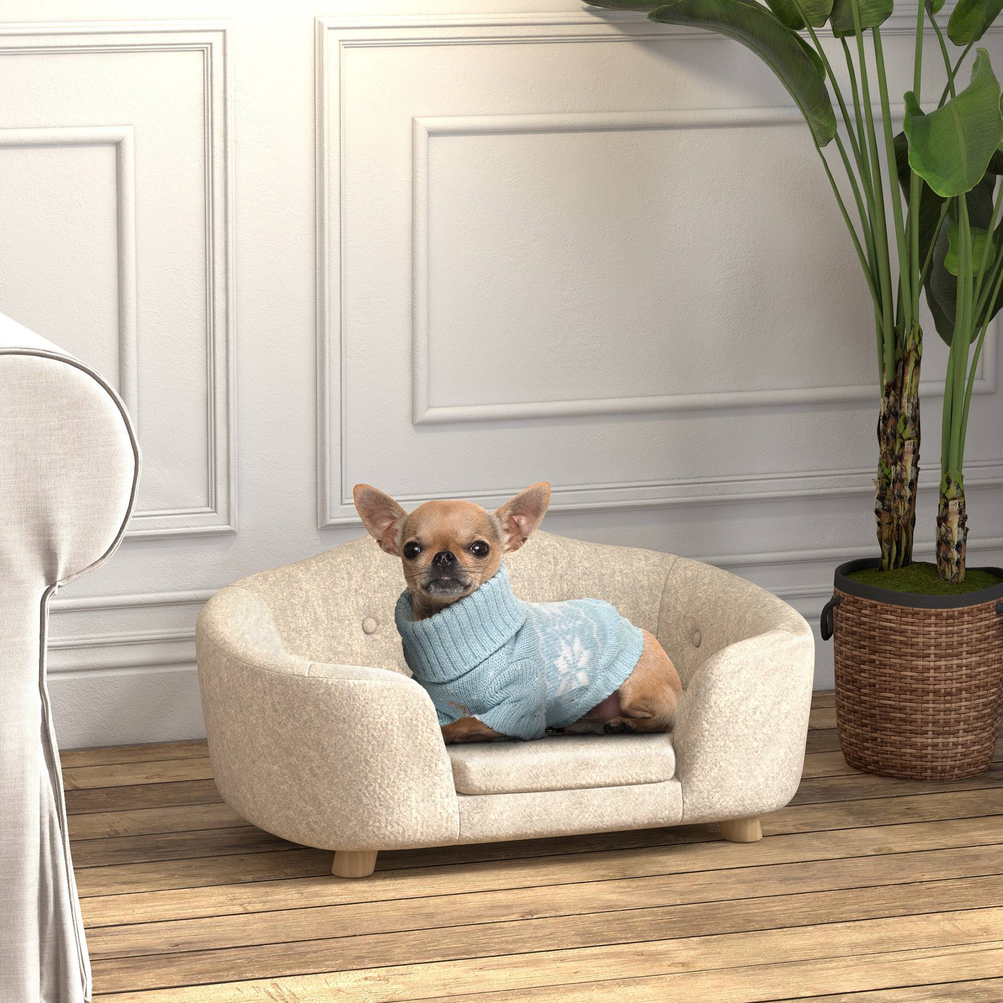 Canapé pour chien avec coussin, bois de pin, crème, 70 x 47 x 30 cm - PANGIVO - Image 2
