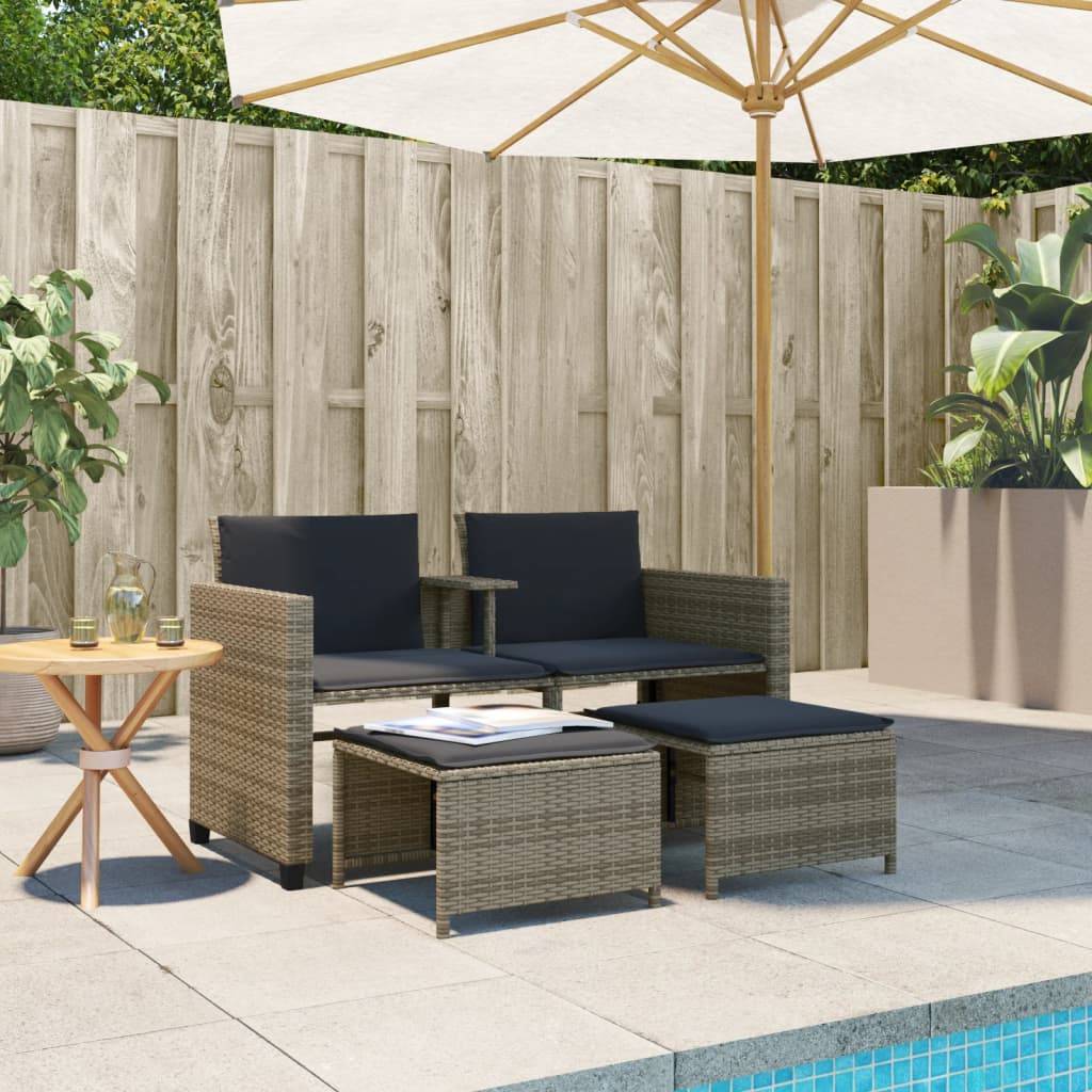 Vidaxl - Canapé de jardin 2 places avec table et tabourets-Salon de jardin gris rotin - Image 3
