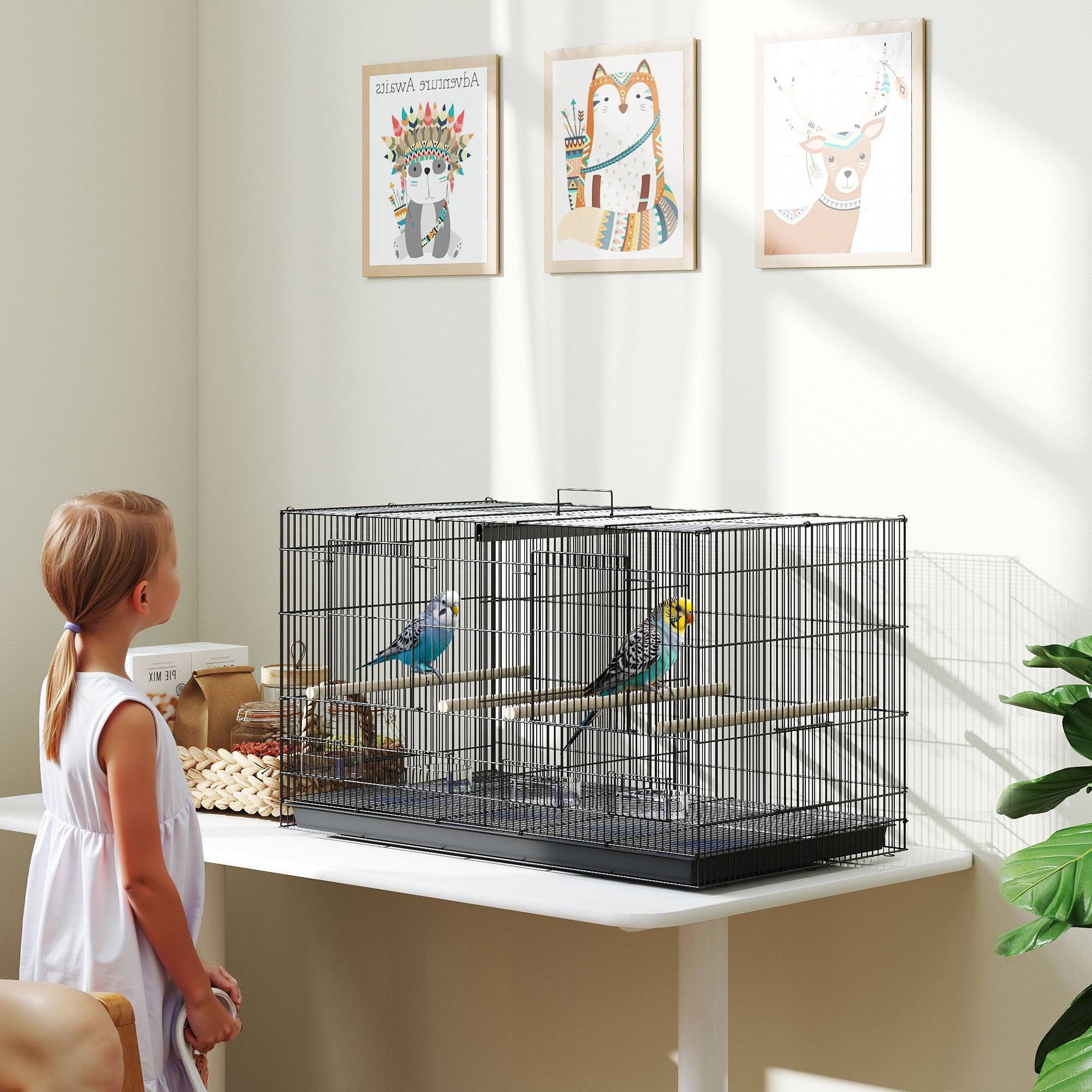 Cage à oiseaux volière intérieur acier avec séparateur 4 perchoirs plateau coulissant 4 mangeoires 76 x 46 x 46 cm noir - Image 3