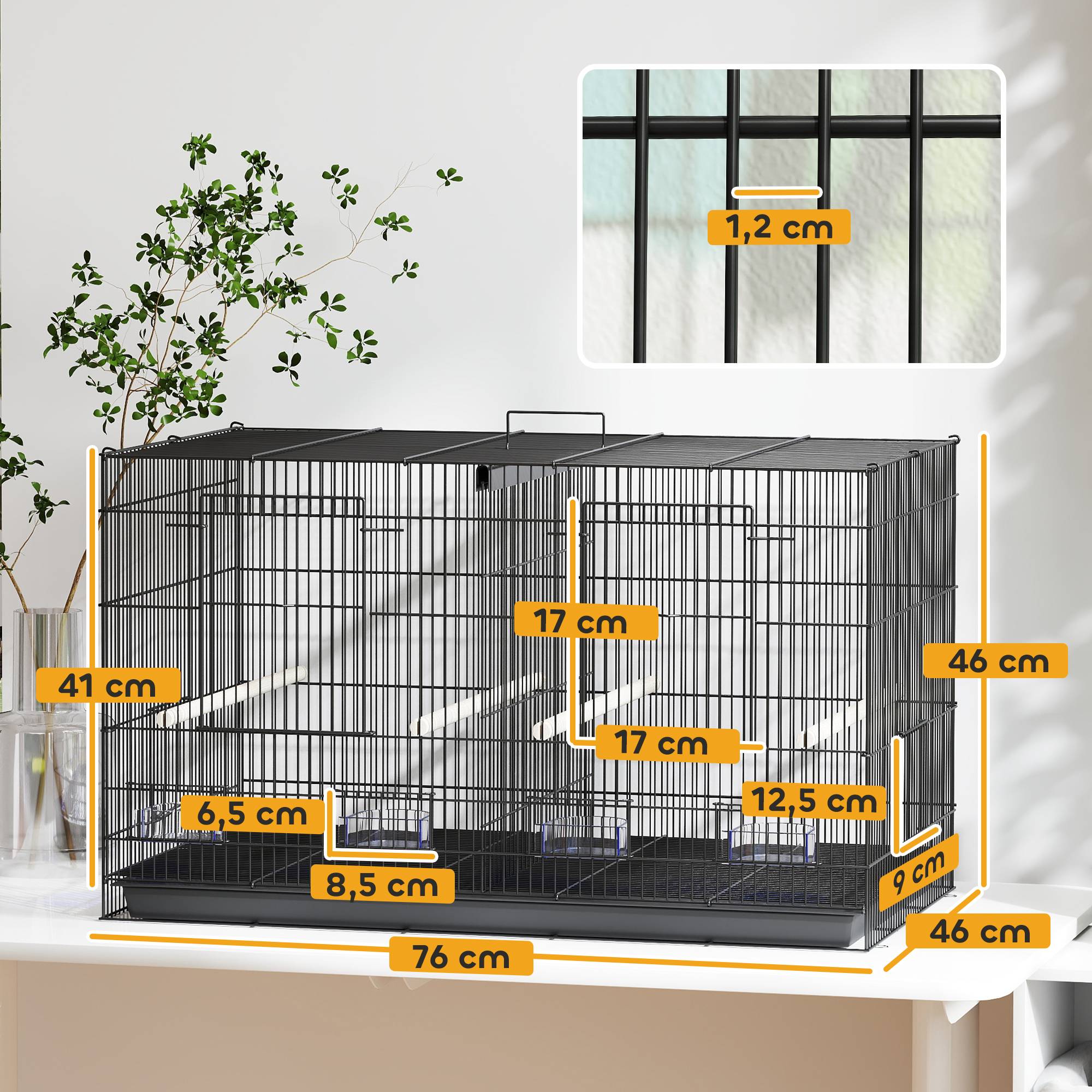 Cage à oiseaux volière intérieur acier avec séparateur 4 perchoirs plateau coulissant 4 mangeoires 76 x 46 x 46 cm noir - Image 5