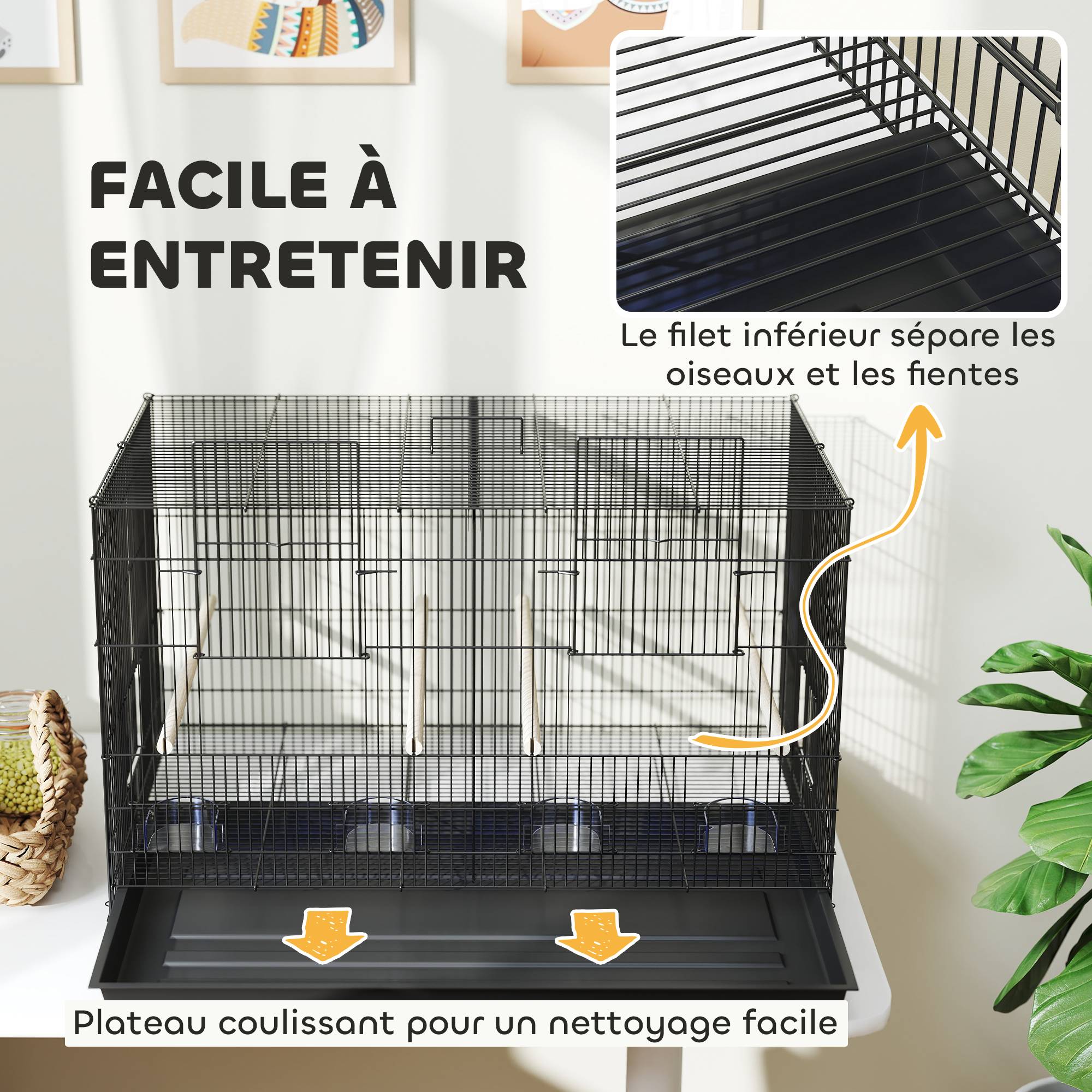 Cage à oiseaux volière intérieur acier avec séparateur 4 perchoirs plateau coulissant 4 mangeoires 76 x 46 x 46 cm noir - Image 9