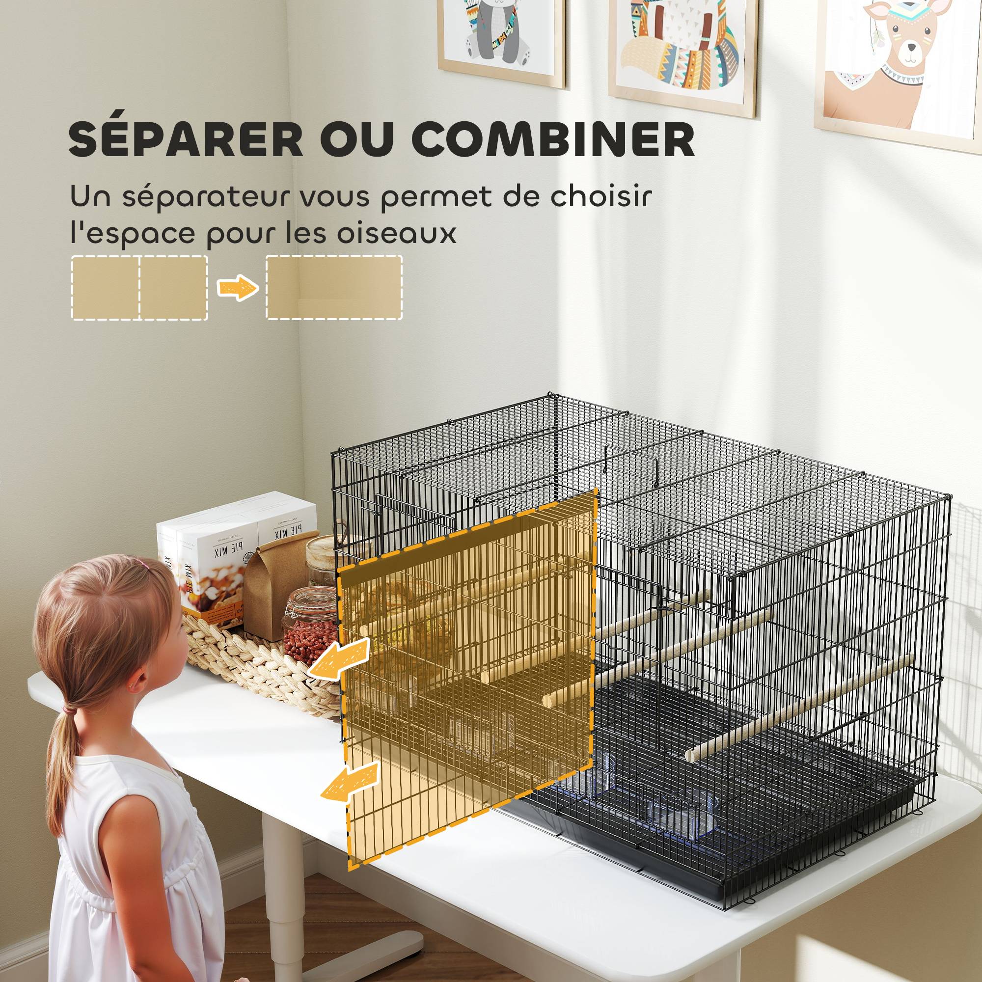 Cage à oiseaux volière intérieur acier avec séparateur 4 perchoirs plateau coulissant 4 mangeoires 76 x 46 x 46 cm noir - Image 6