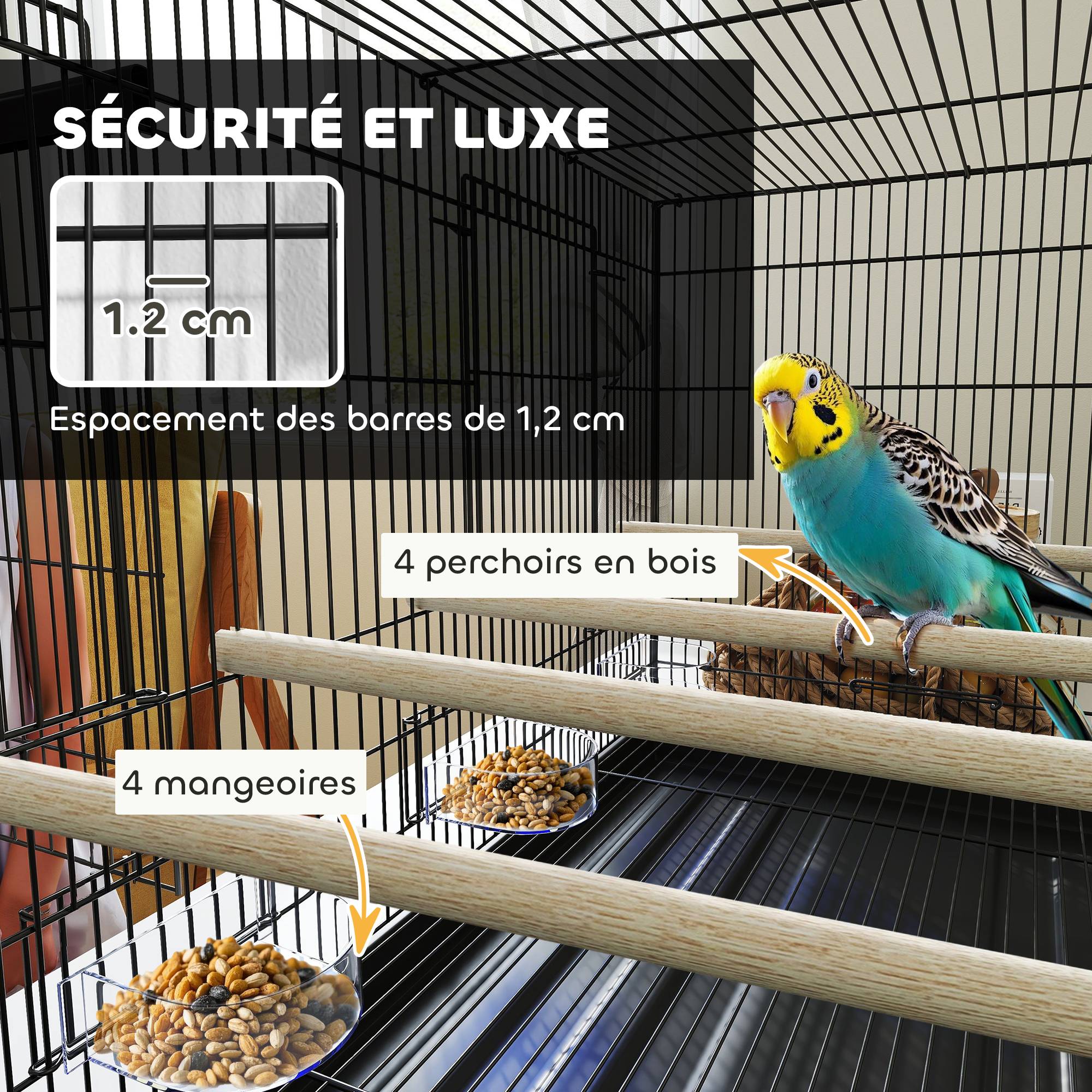 Cage à oiseaux volière intérieur acier avec séparateur 4 perchoirs plateau coulissant 4 mangeoires 76 x 46 x 46 cm noir - Image 7